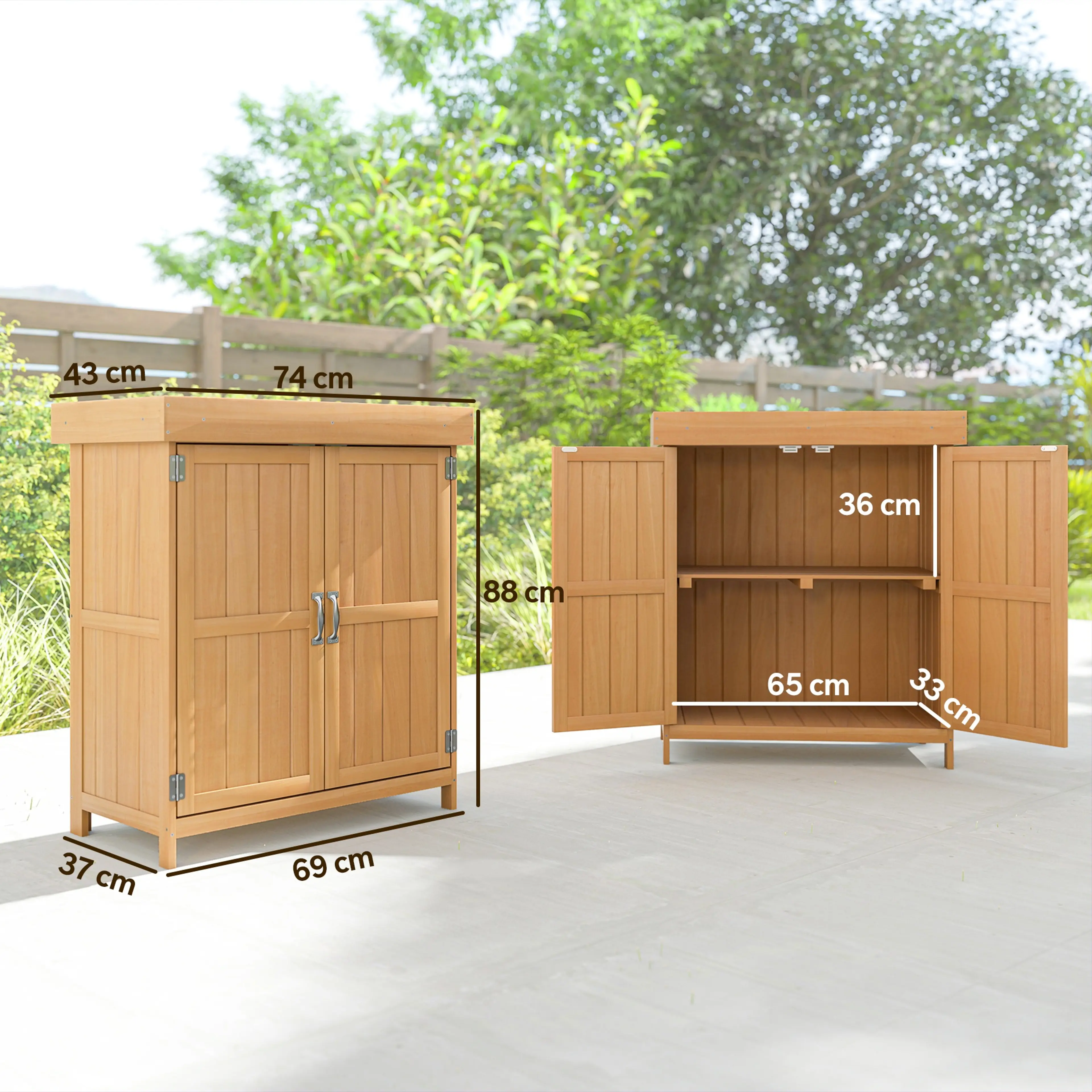 Måttritning: 74 cm brett, 43 cm djupt och 88 cm högt, hyllplan 65 × 33 cm