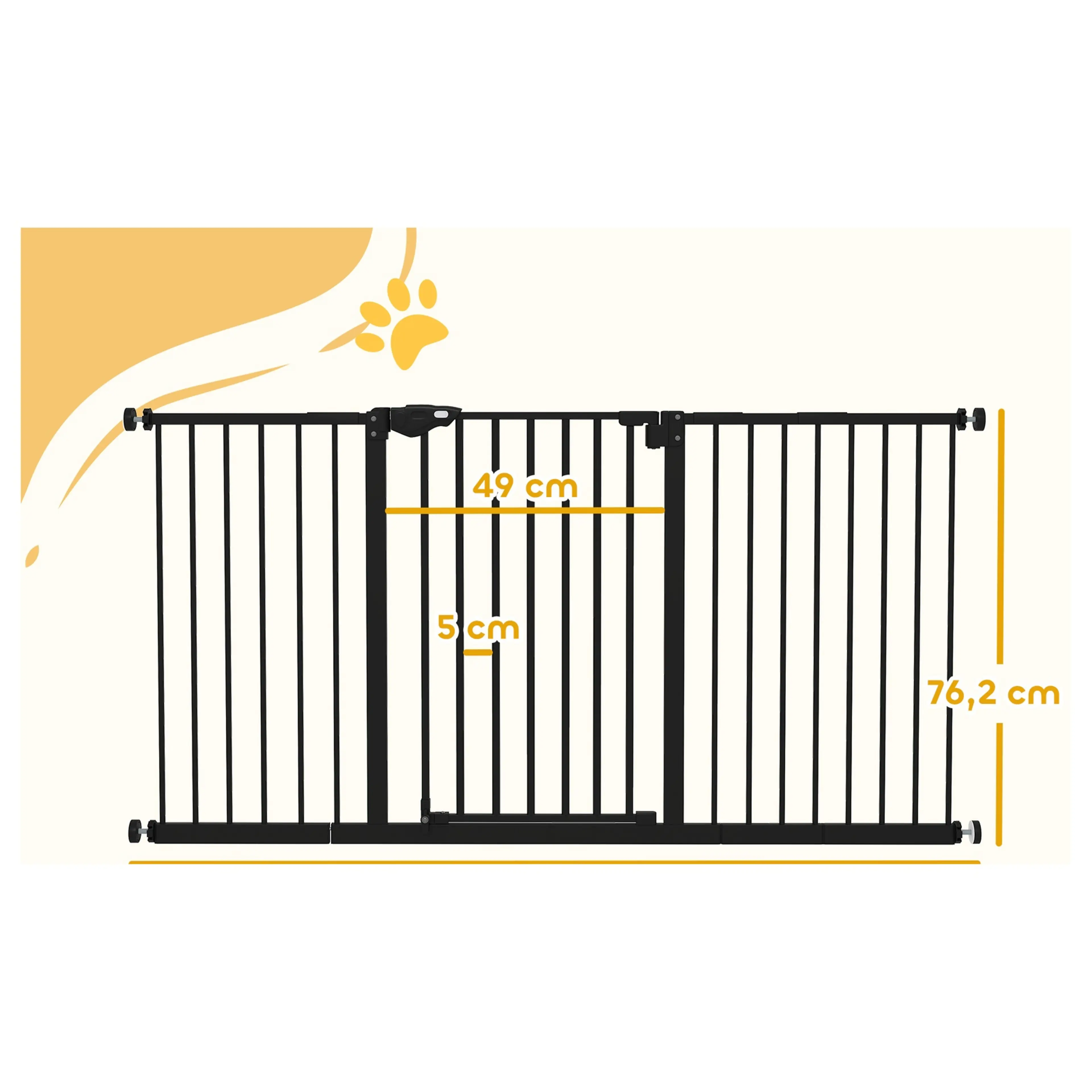 Måttskiss: grinden 74–147,5 cm bred och 76,2 cm hög, genomgång 49 cm, spjälavstånd 5 cm