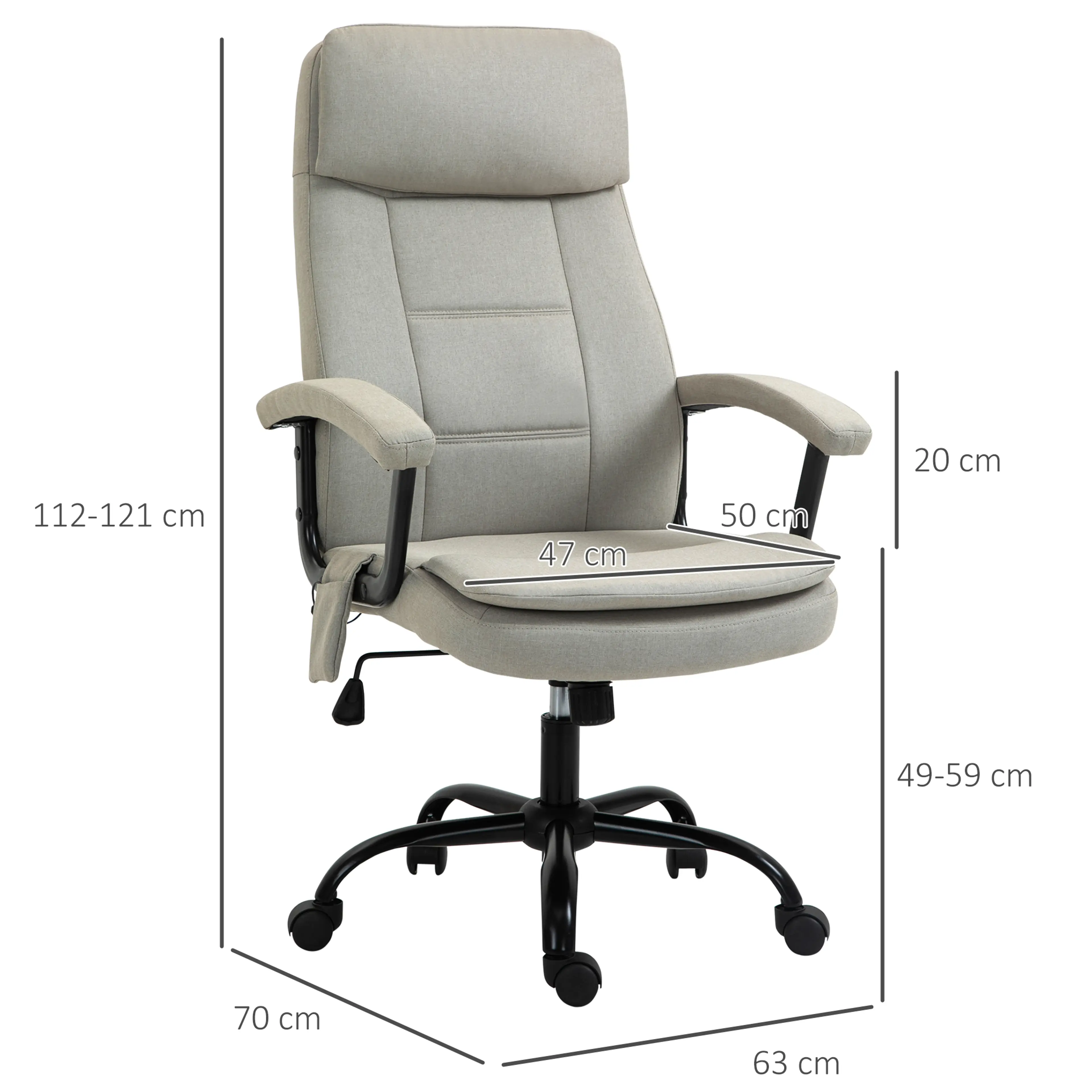 Måttritning med höjd 112–121 cm, sitthöjd 49–59 cm, sits 47 × 50 cm och djup 70 cm