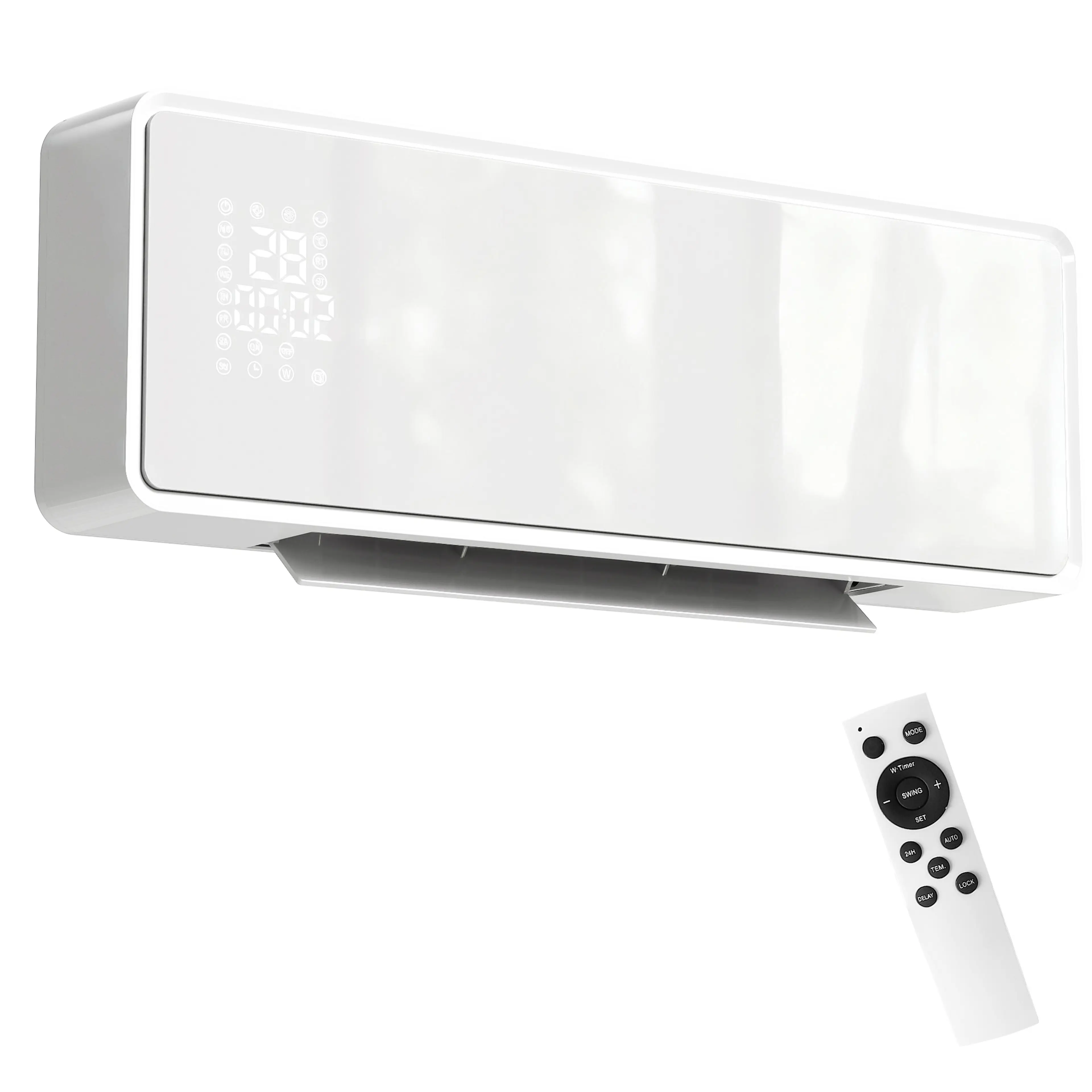 Vit väggvärmare med glasfront och LED-display, med medföljande fjärrkontroll