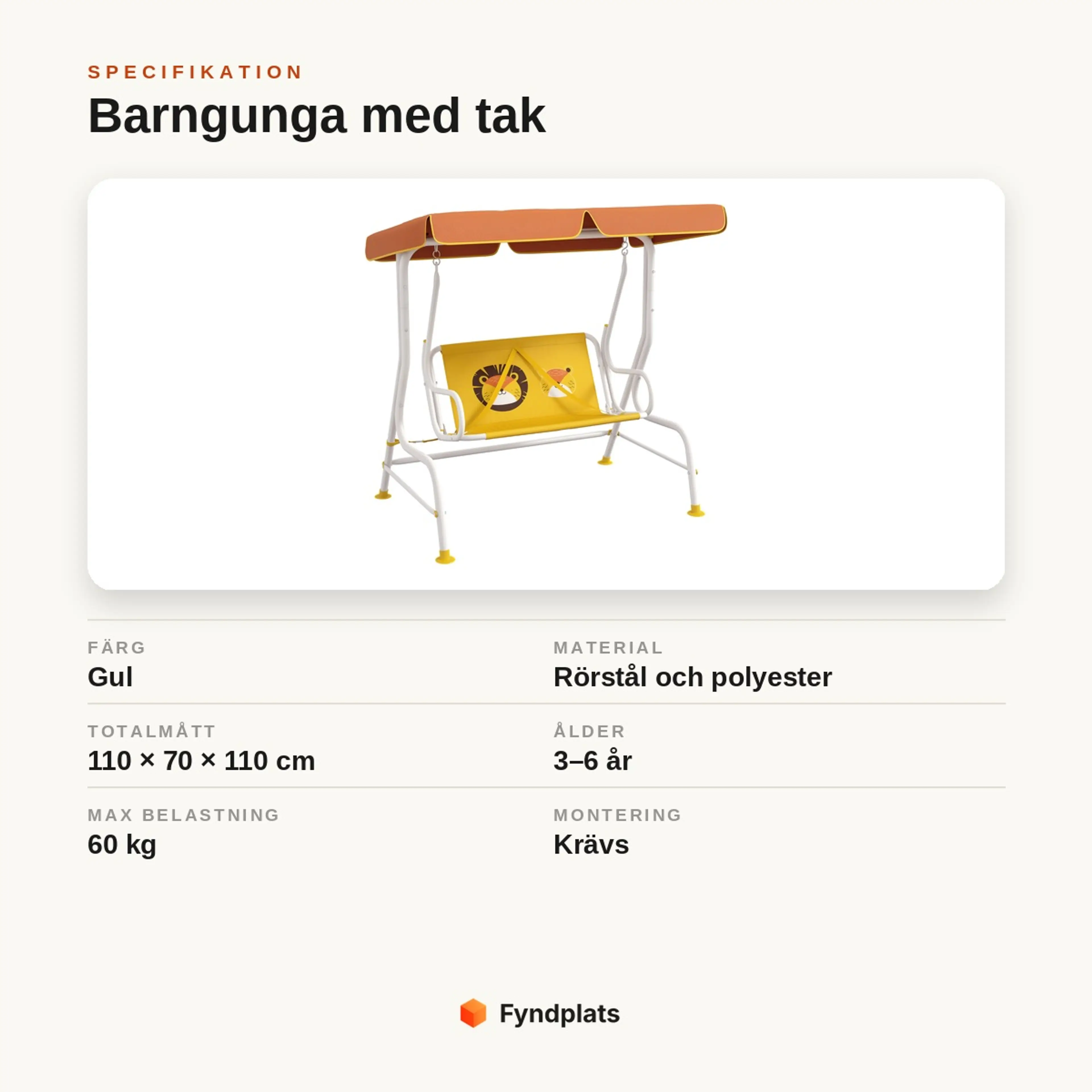 Specifikationskort: gul barngunga med tak, 110 × 70 × 110 cm, rörstål och polyester, ålder 3–6 år, max 60 kg