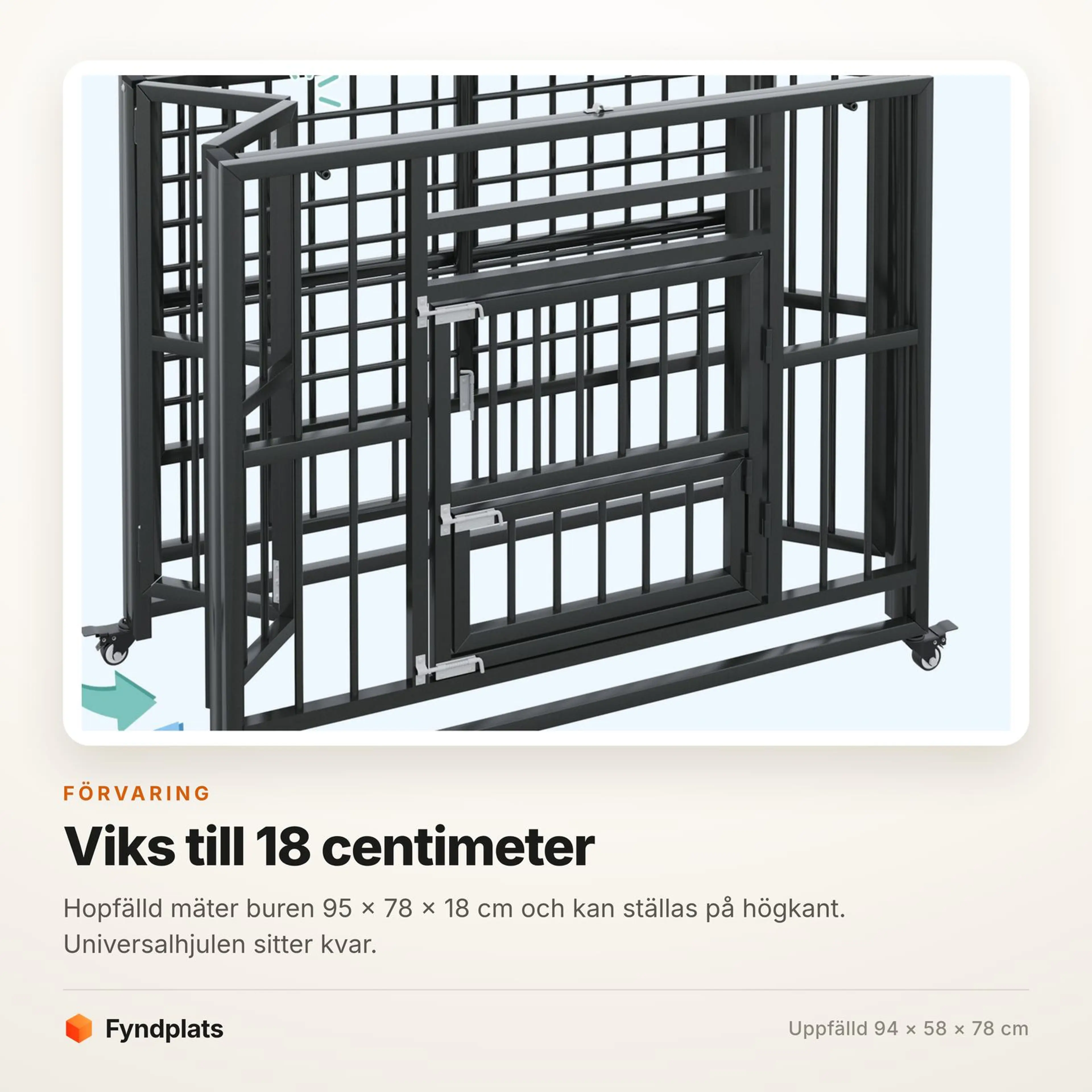 Fyndplats-kort som visar buren hopfälld till 18 cm tjocklek