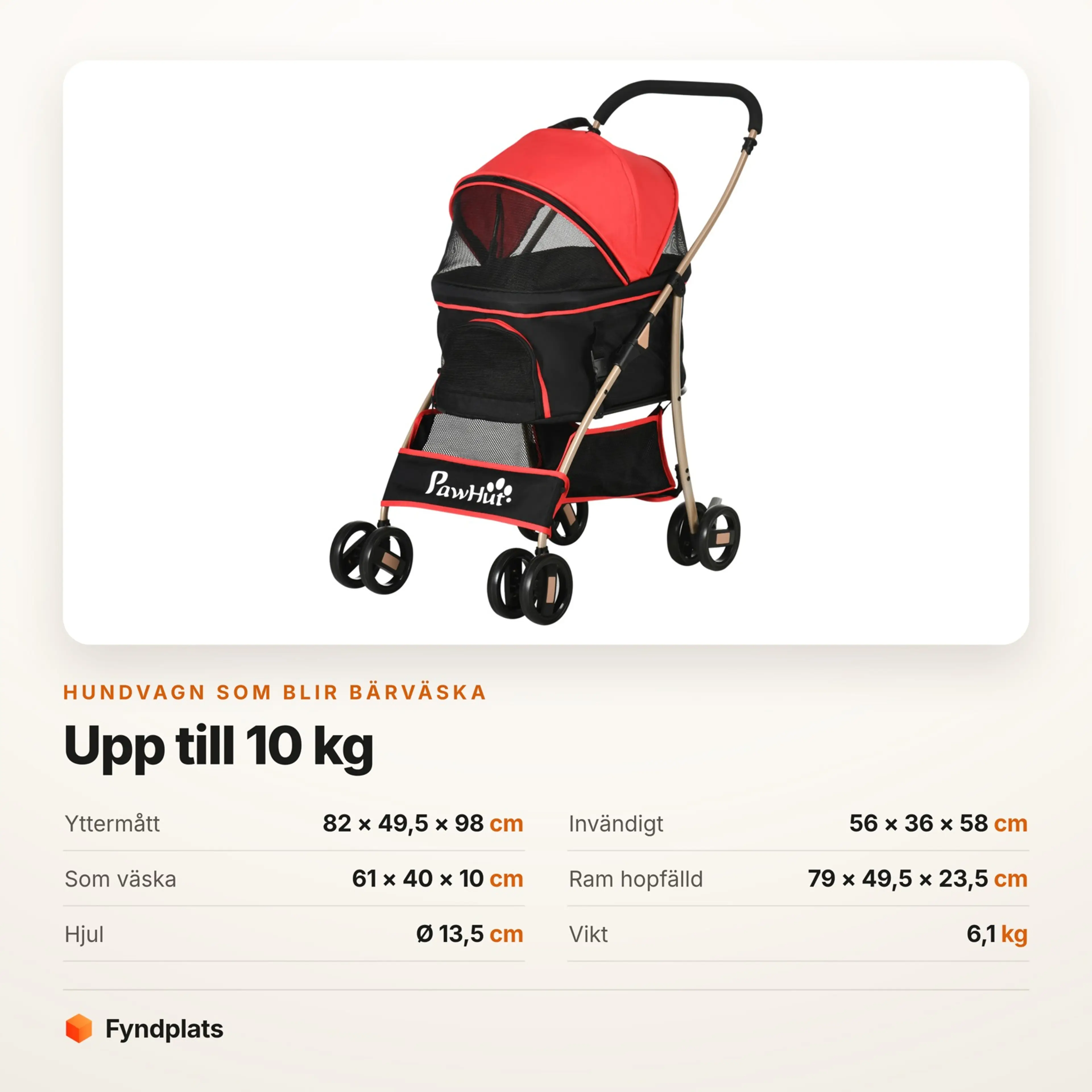 Fyndplats-kort med mått och vikt för hundvagnen som blir bärväska