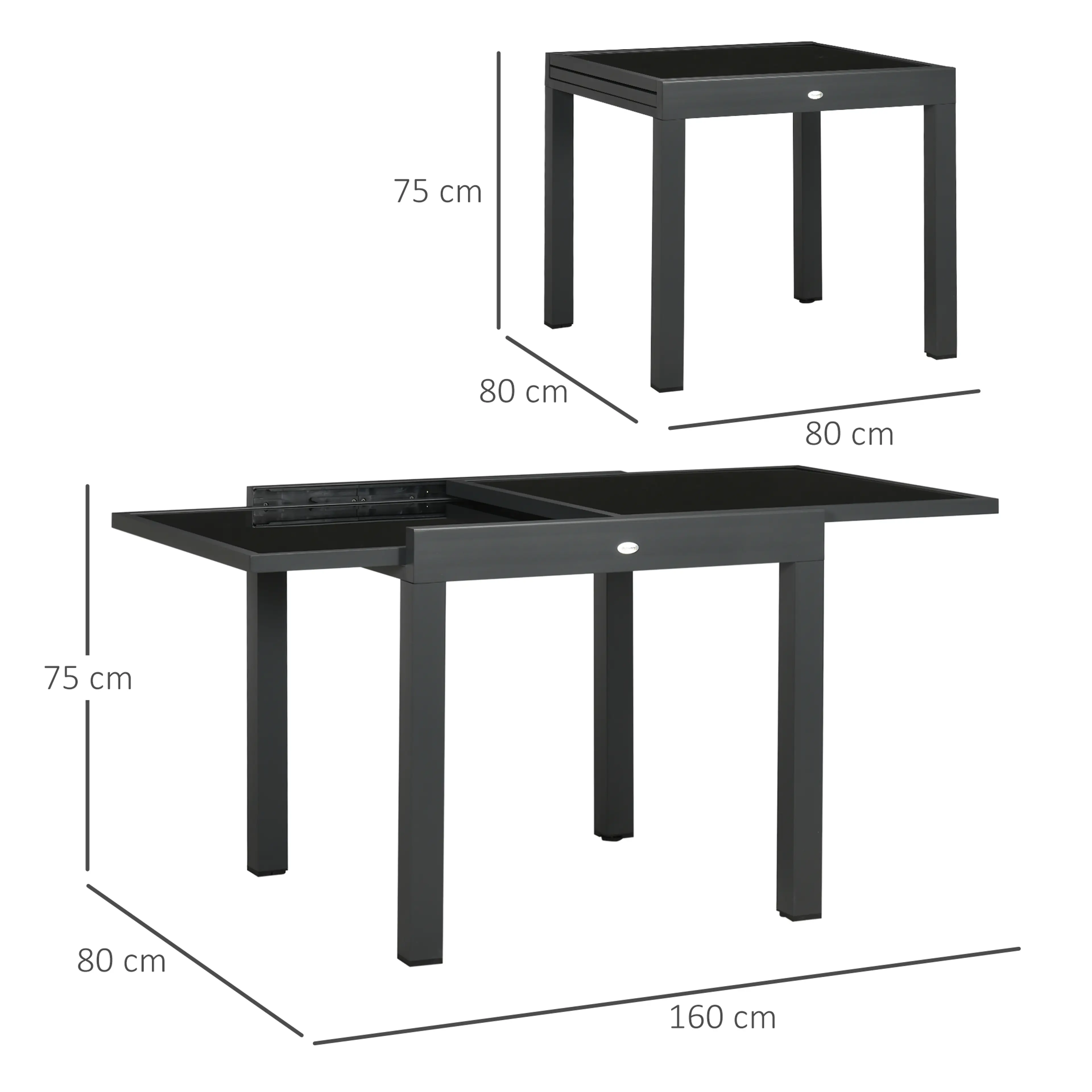 Måttskiss på trädgårdsbordet: 80 × 80 × 75 cm hopskjutet och 160 × 80 × 75 cm utdraget