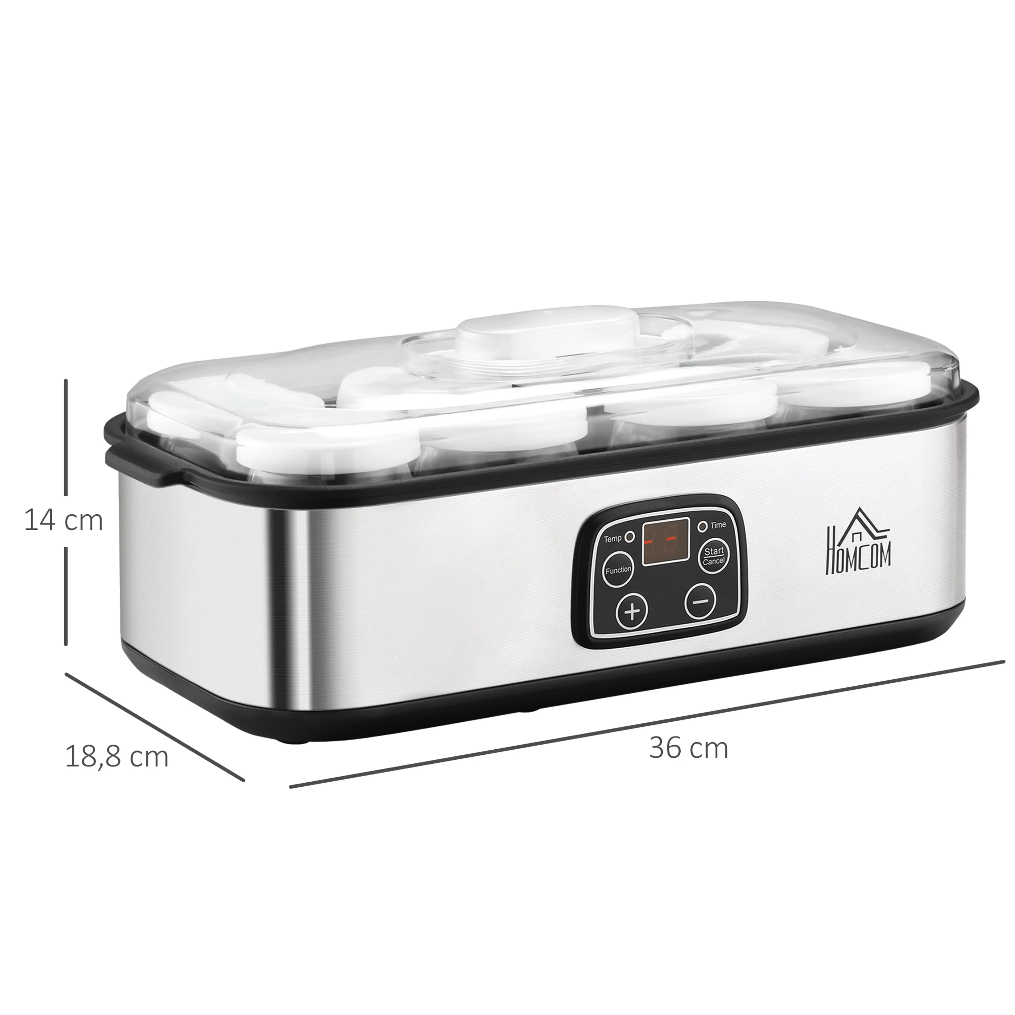 Yoghurtmaskinens mått: 36 cm lång, 18,8 cm bred och 14 cm hög