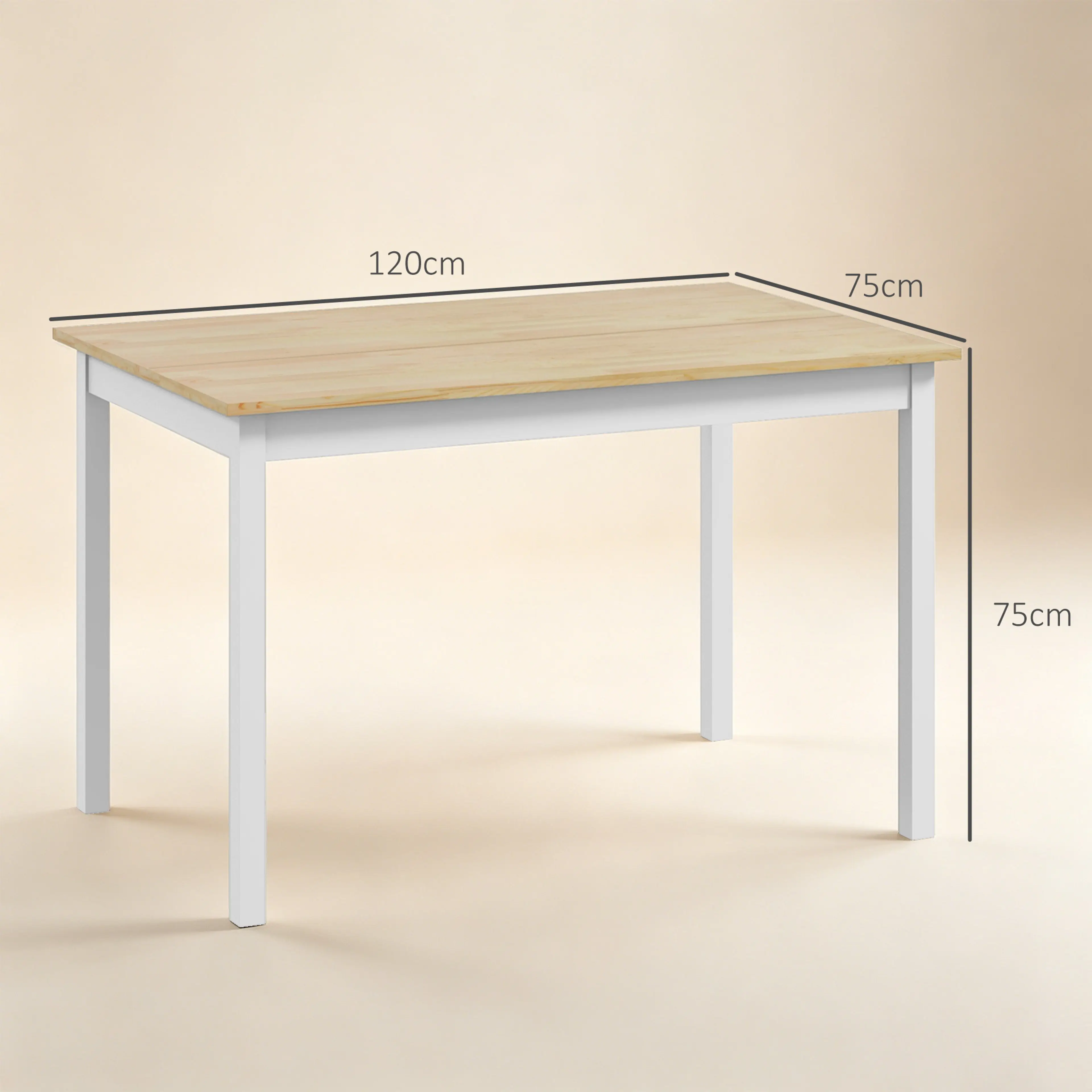 Måttritning över köksbordet med 120 cm längd, 75 cm djup och 75 cm höjd