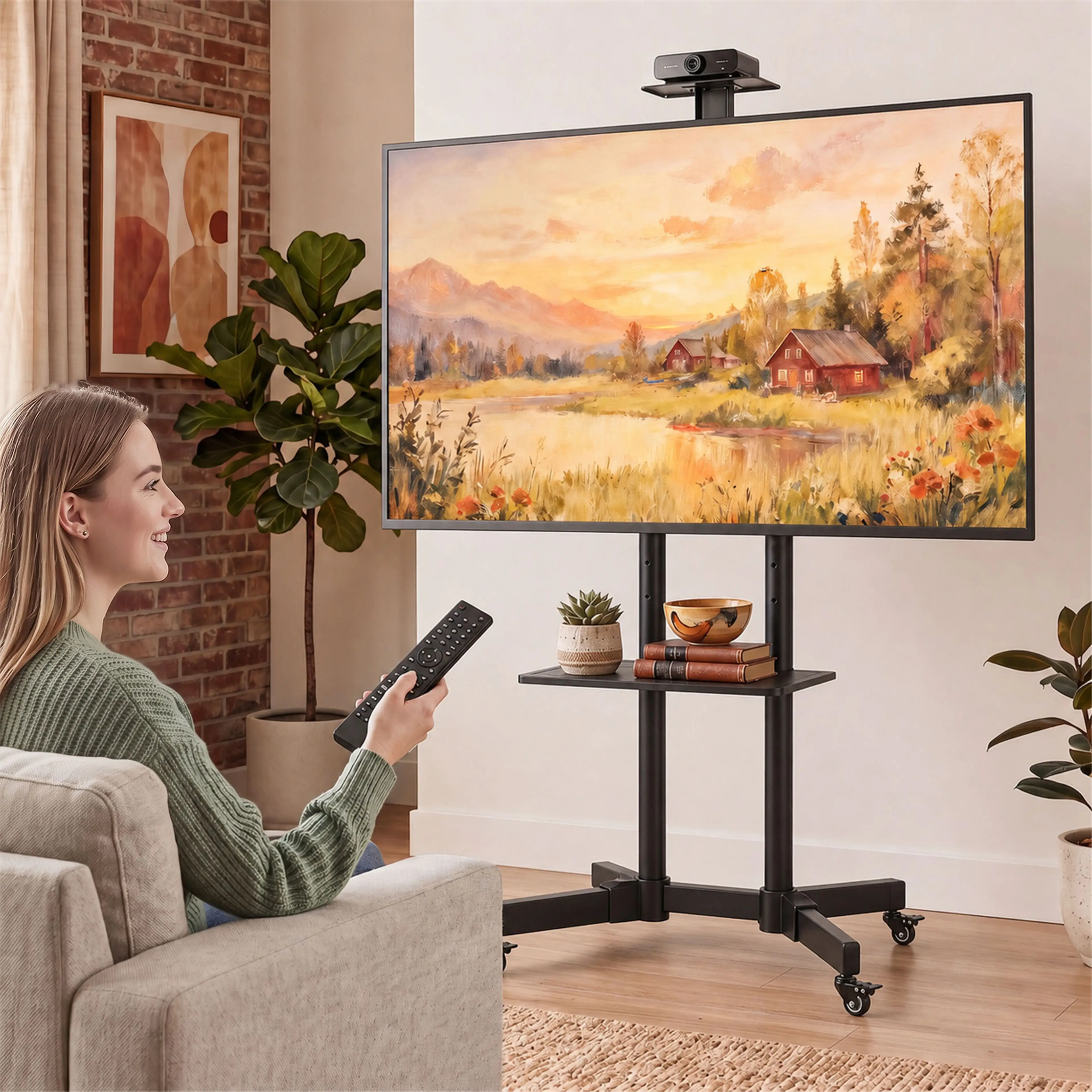 Tv-ställningen med en tv och en webbkamera framför en kvinna i en fåtölj
