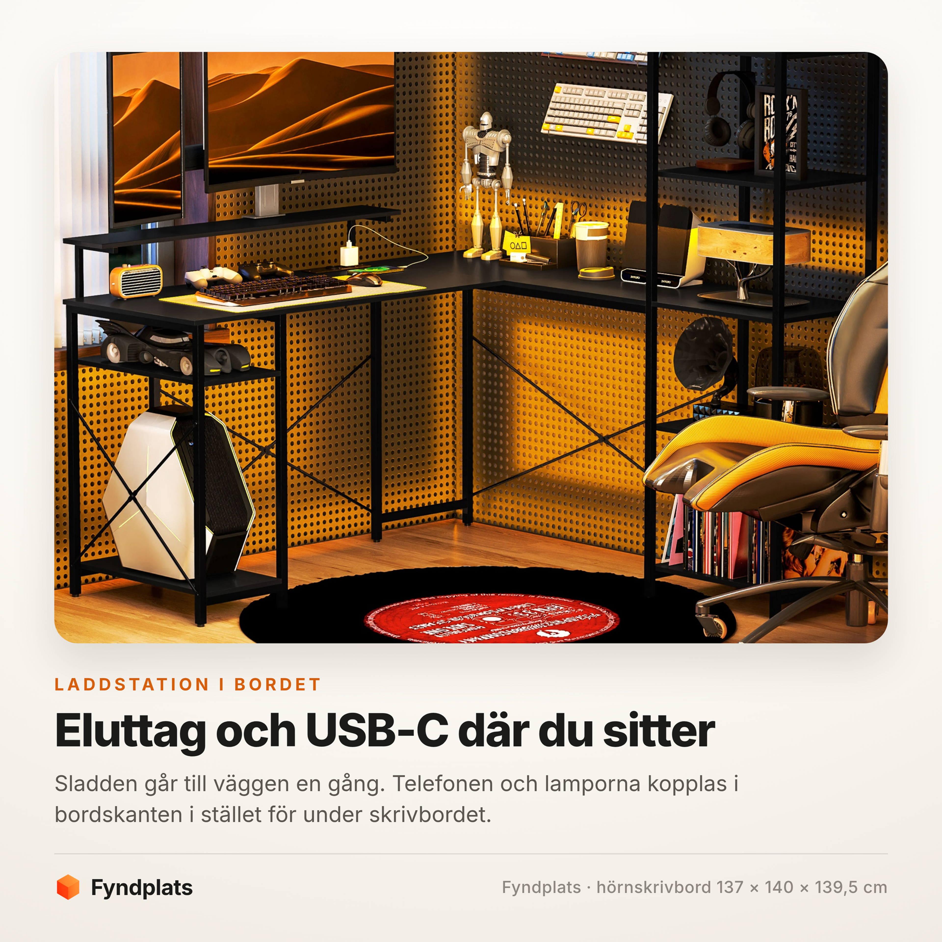 Hörnskrivbord med laddstation och hylltorn – svart – bild 2