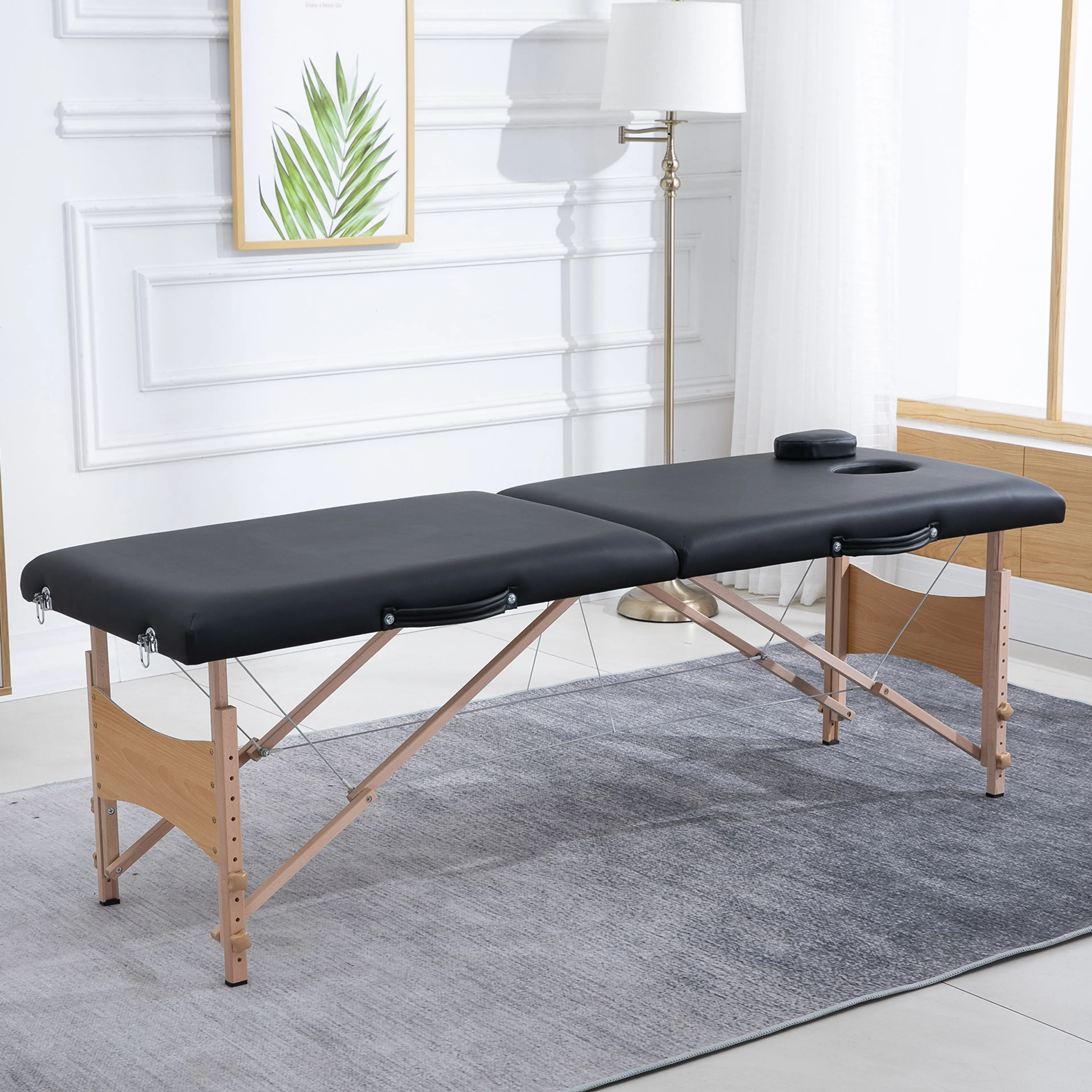 Hopfällbar massagebänk i trä med nackstöd, 186 cm