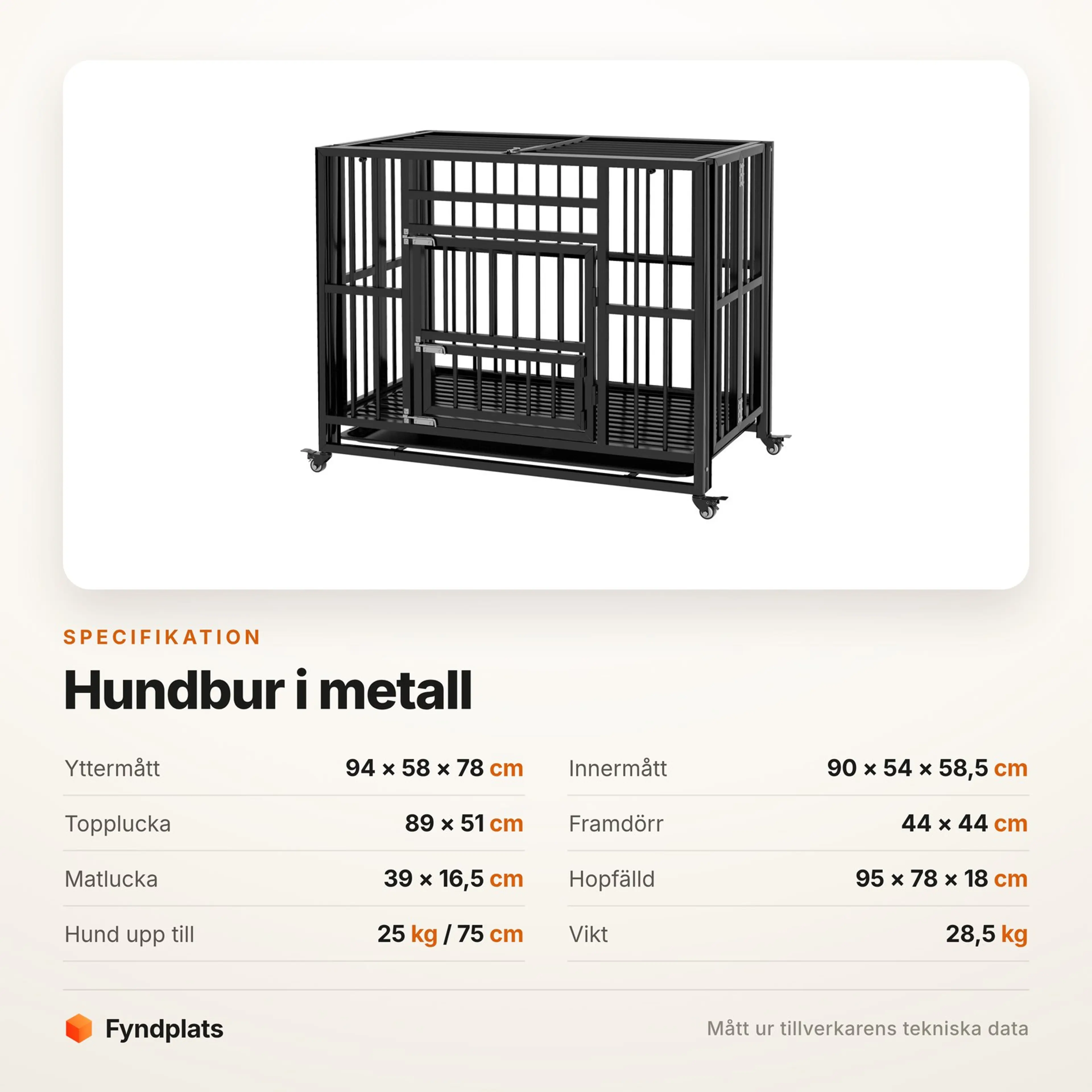Spec-kort för hundbur i metall med mått, topplucka, matlucka och hopfällt mått
