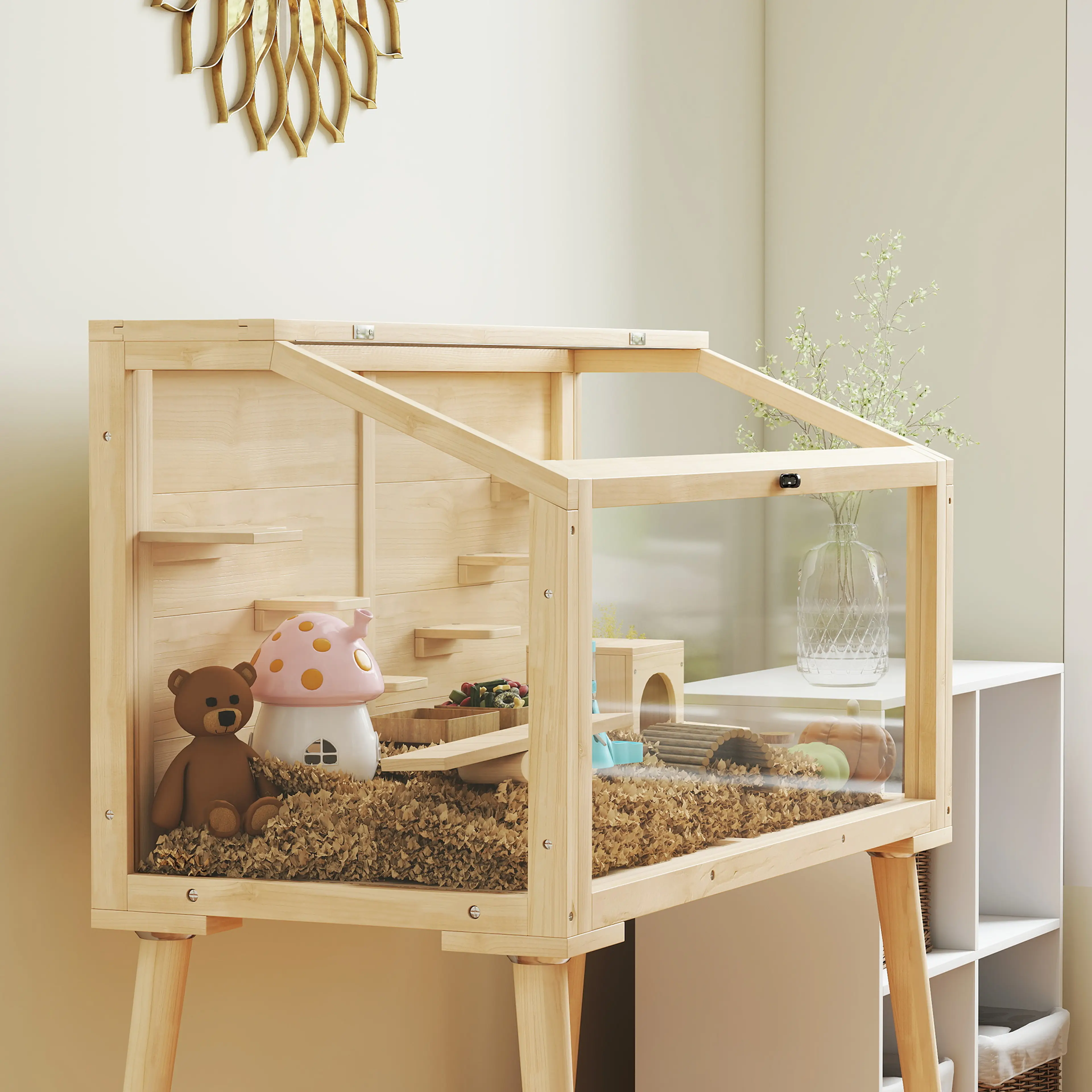 Stor hamsterbur 110 cm i trä på ben, ett öppet plan – bild 3