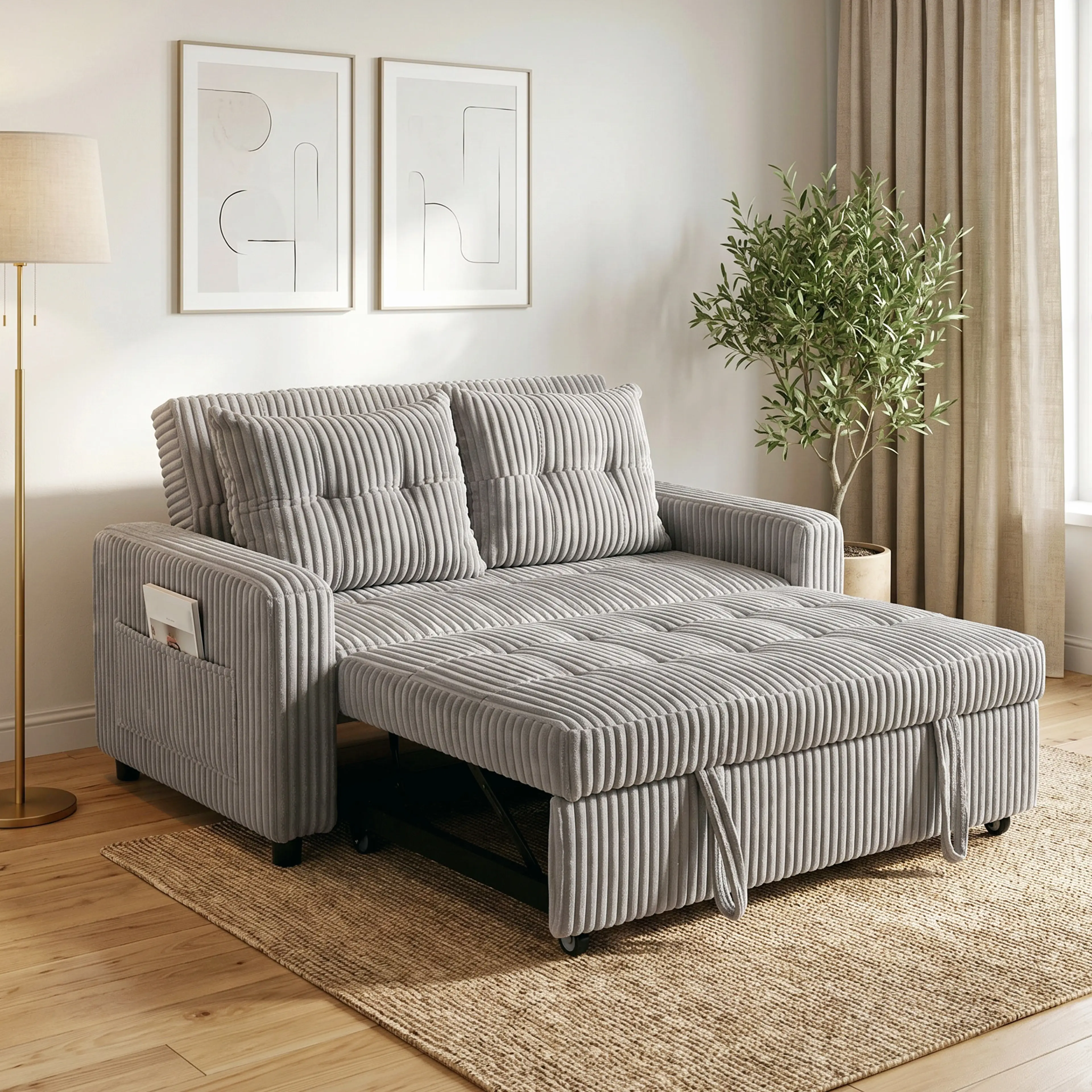 Sofabädden utfälld till liggyta med kuddarna kvar