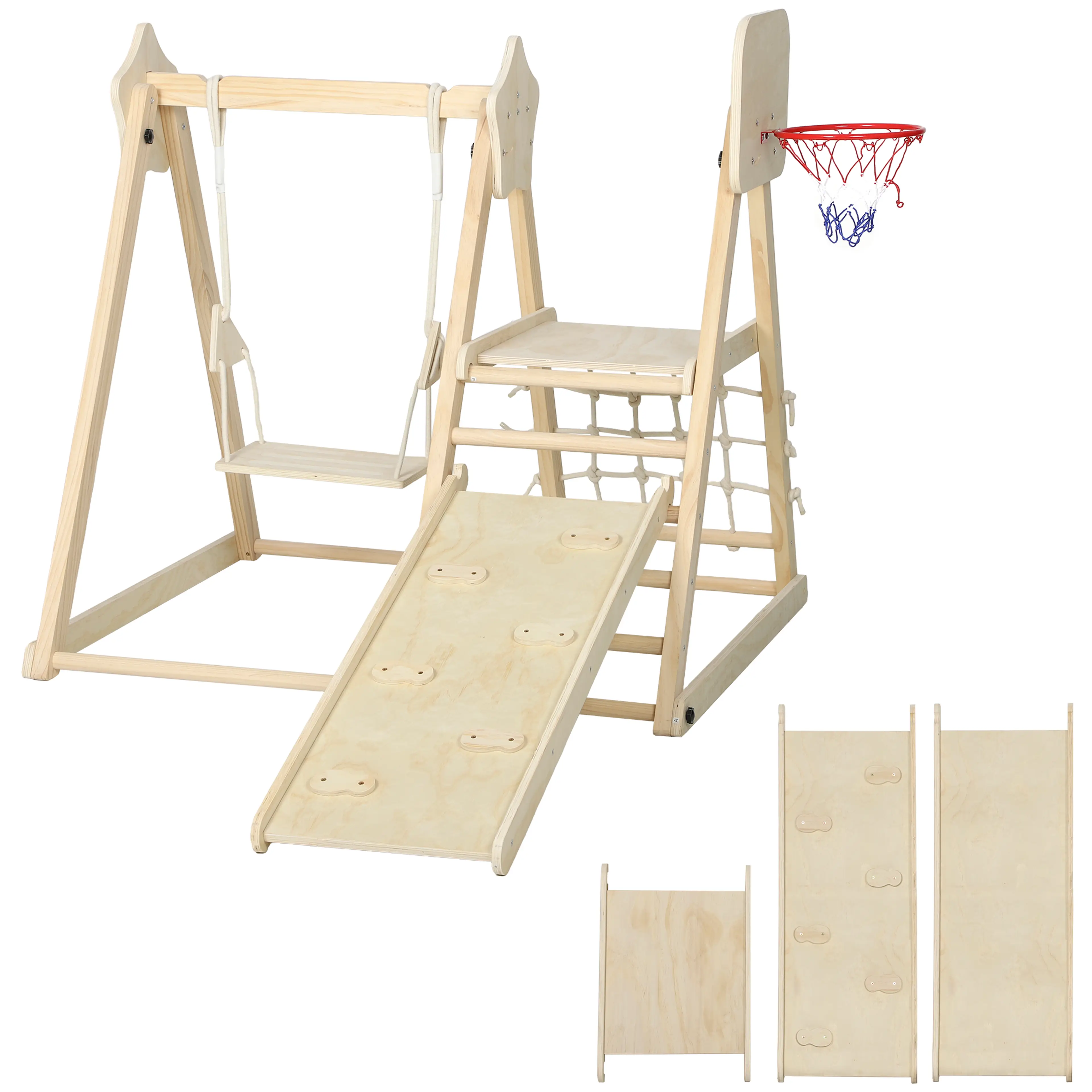 Klätterställning i trä med gunga, rutschkana, klätternät och basketkorg