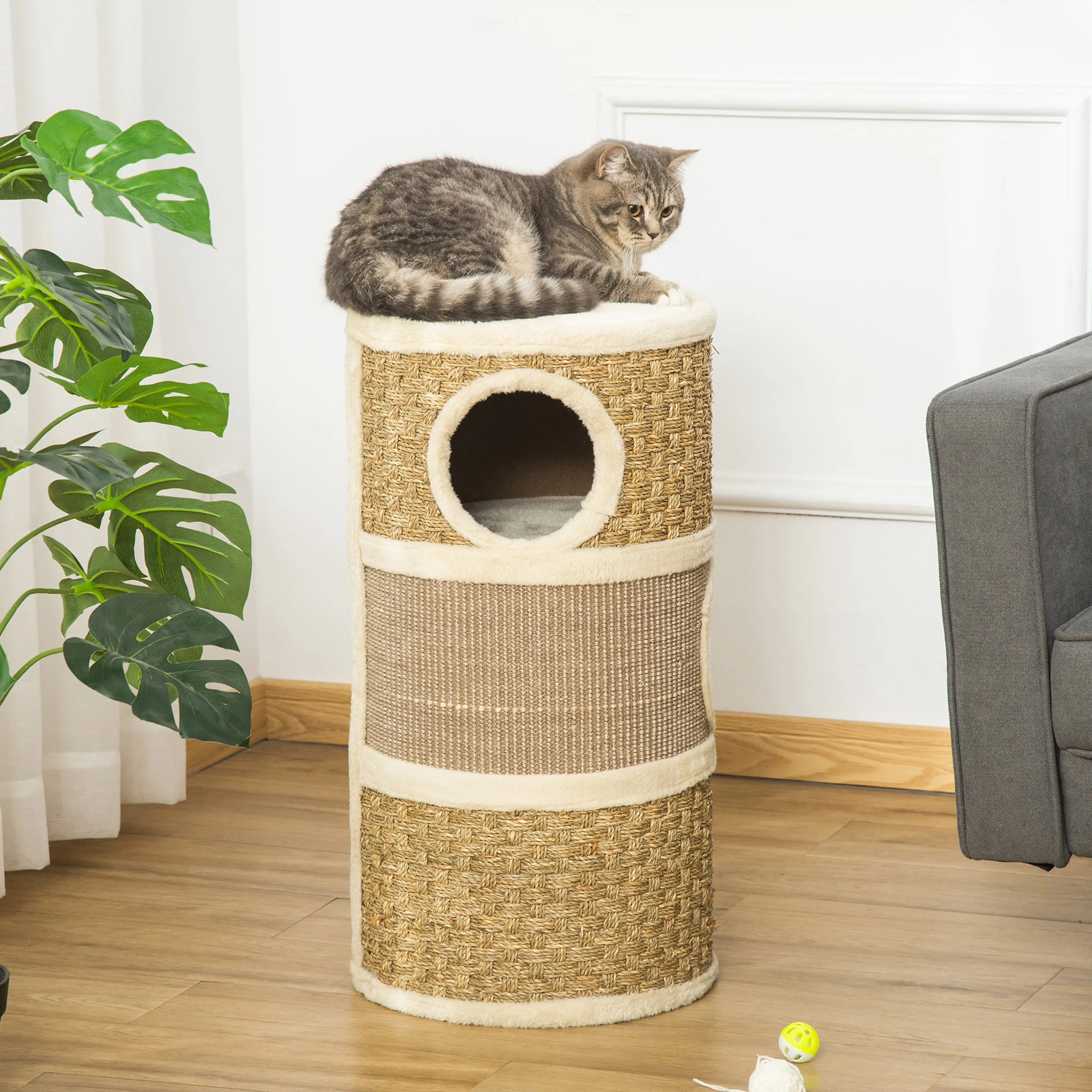 Klöstunnan bredvid en soffa med en katt liggande på den mjuka toppen