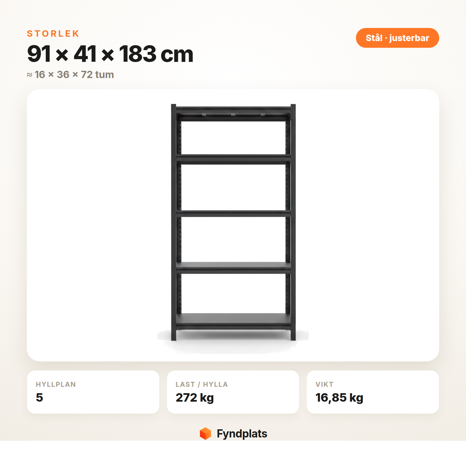 Garagehylla 41 × 91 × 183 cm med 5 hyllplan, 272 kg per hylla