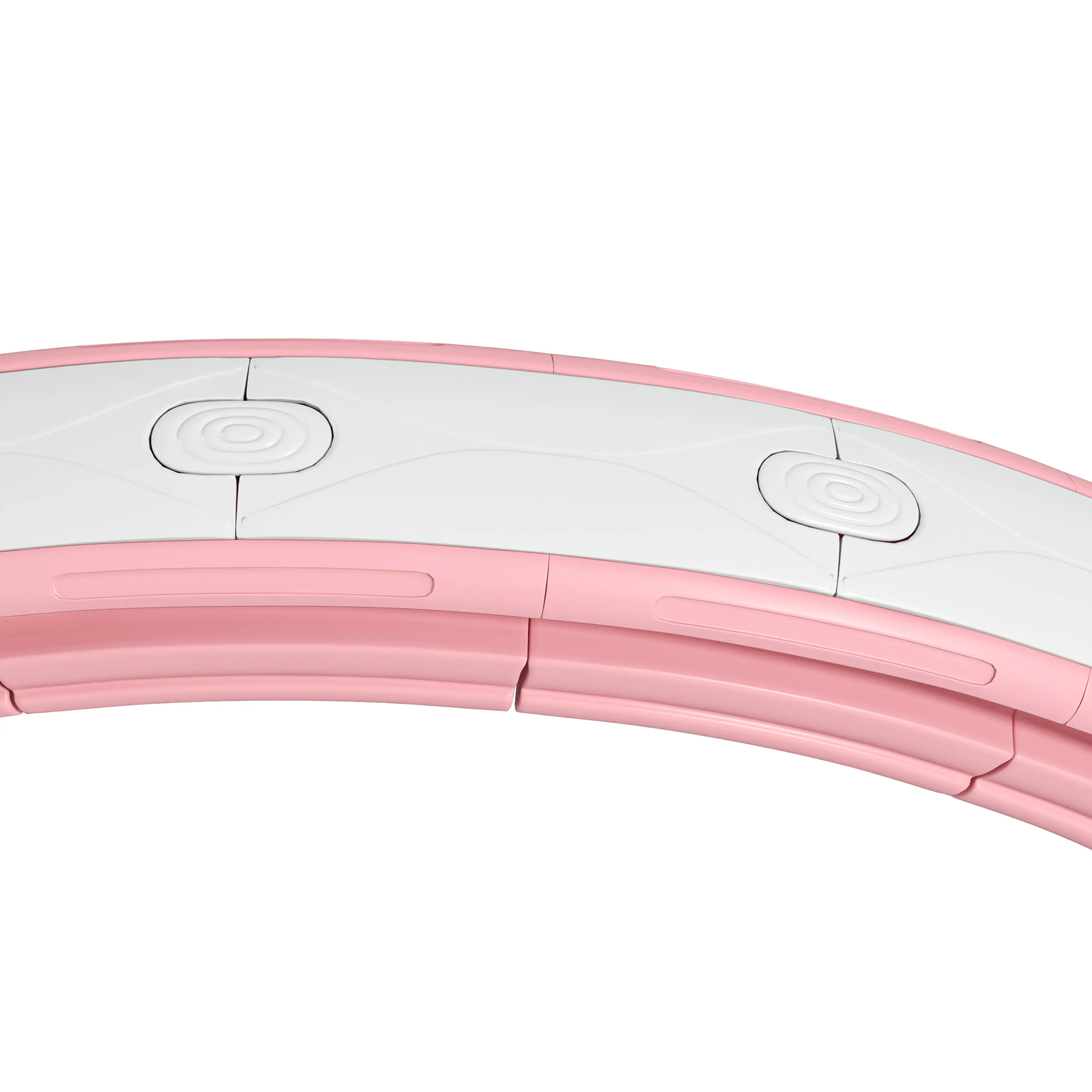 Närbild på ringens delar i rosa och vitt