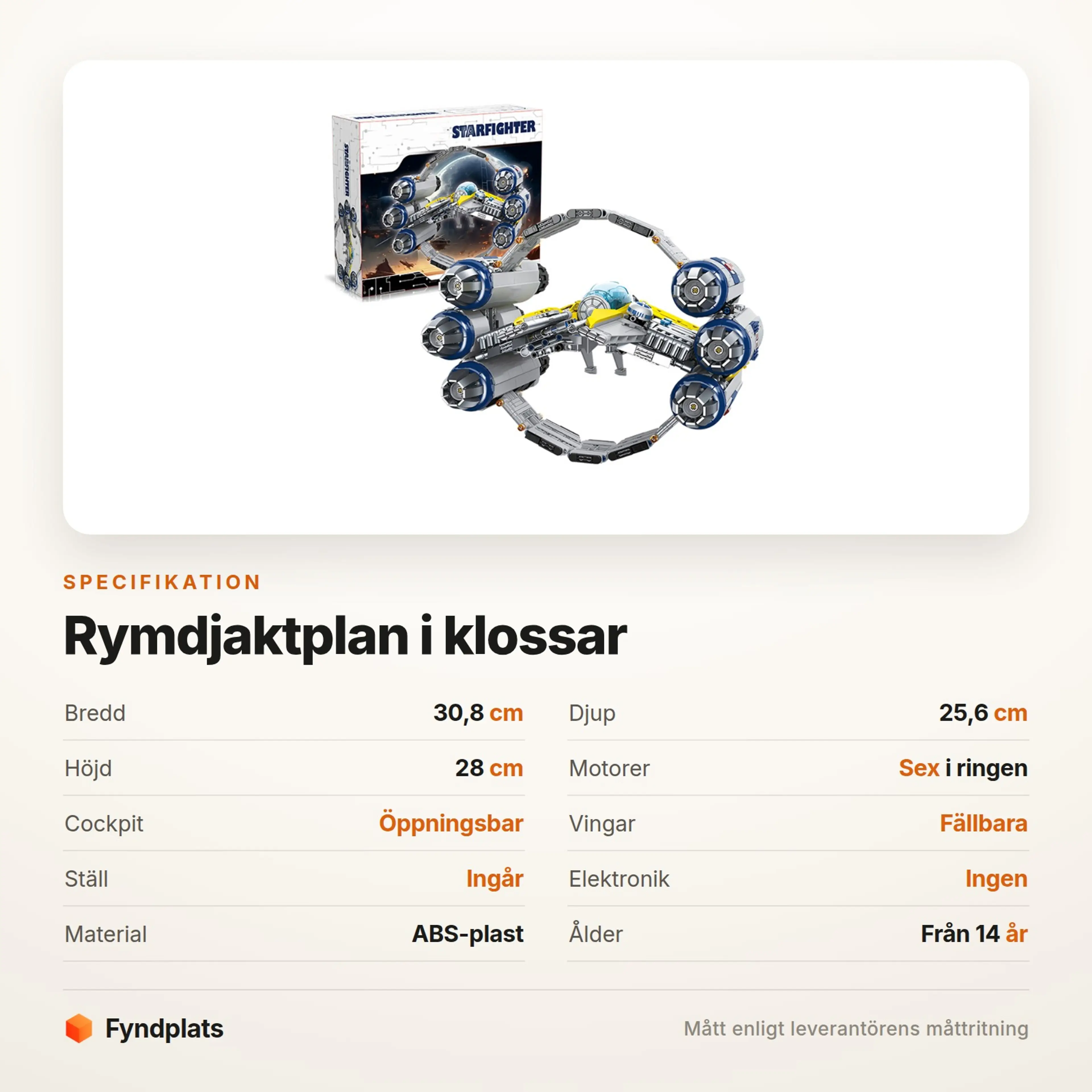 Fyndplats-kort med specifikationer: 30,8 cm brett, sex motorer, öppningsbar cockpit och fällbara vingar