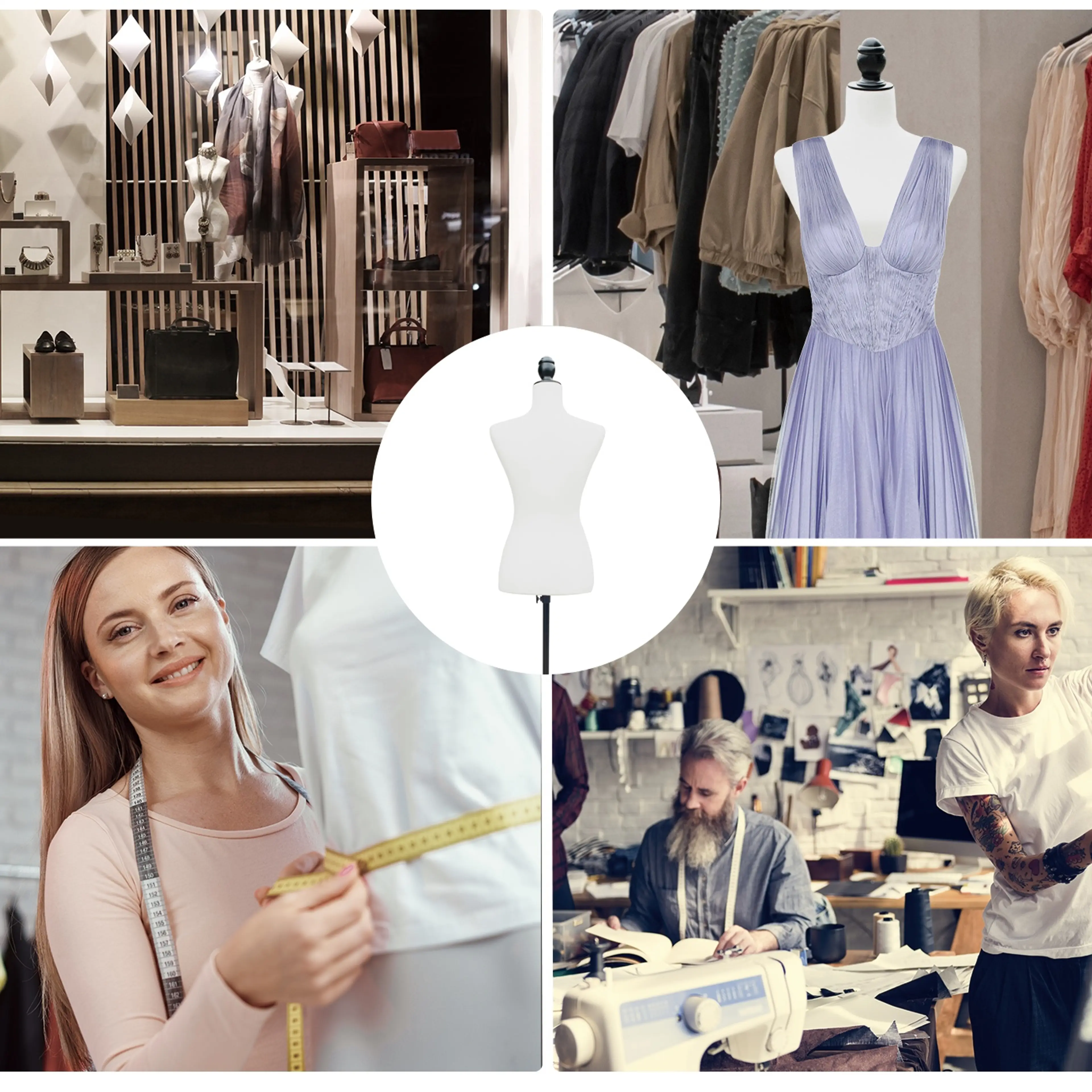 Bildkollage: provdocka i skyltfönster, ljuslila klänning på provdocka i butik, måttagning med måttband och två personer i en sömnadsverkstad, med produkten i mitten.