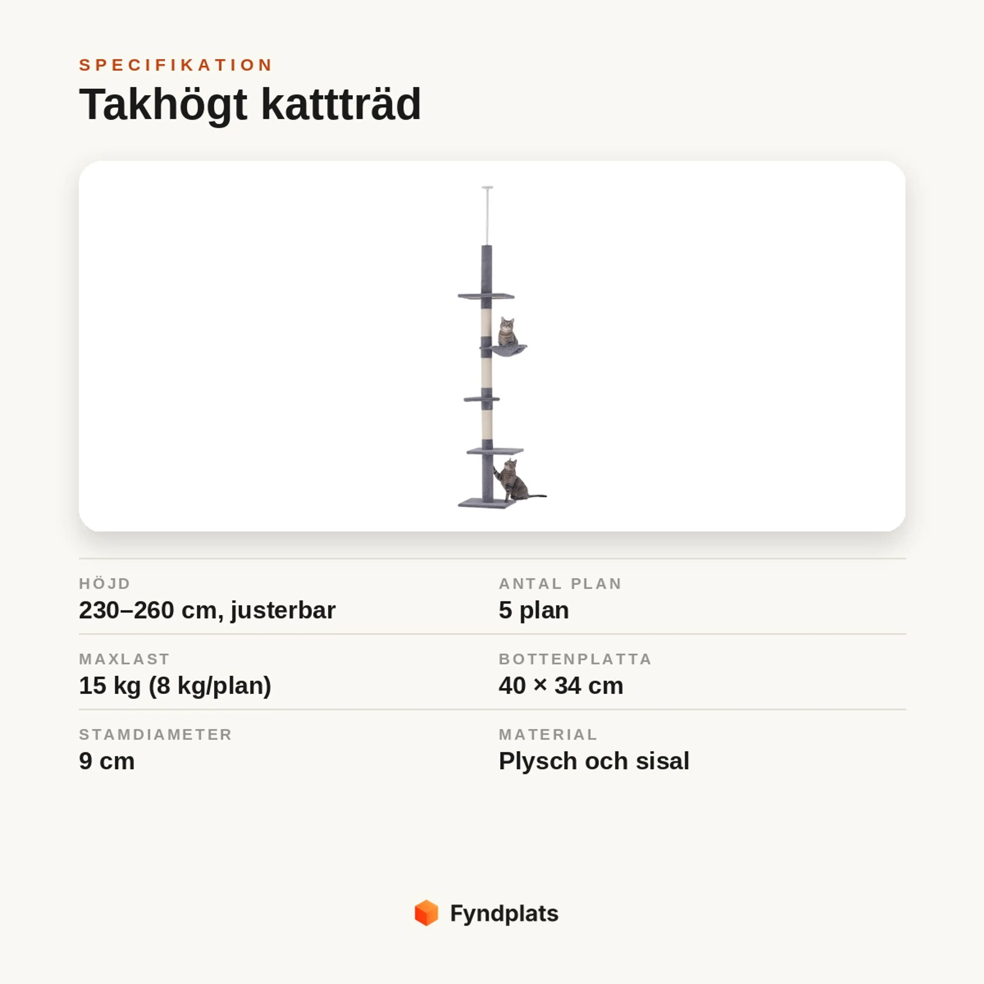 Specifikation för takhögt kattträd: höjd 230–260 cm, 5 plan, maxlast 15 kg, plysch och sisal.