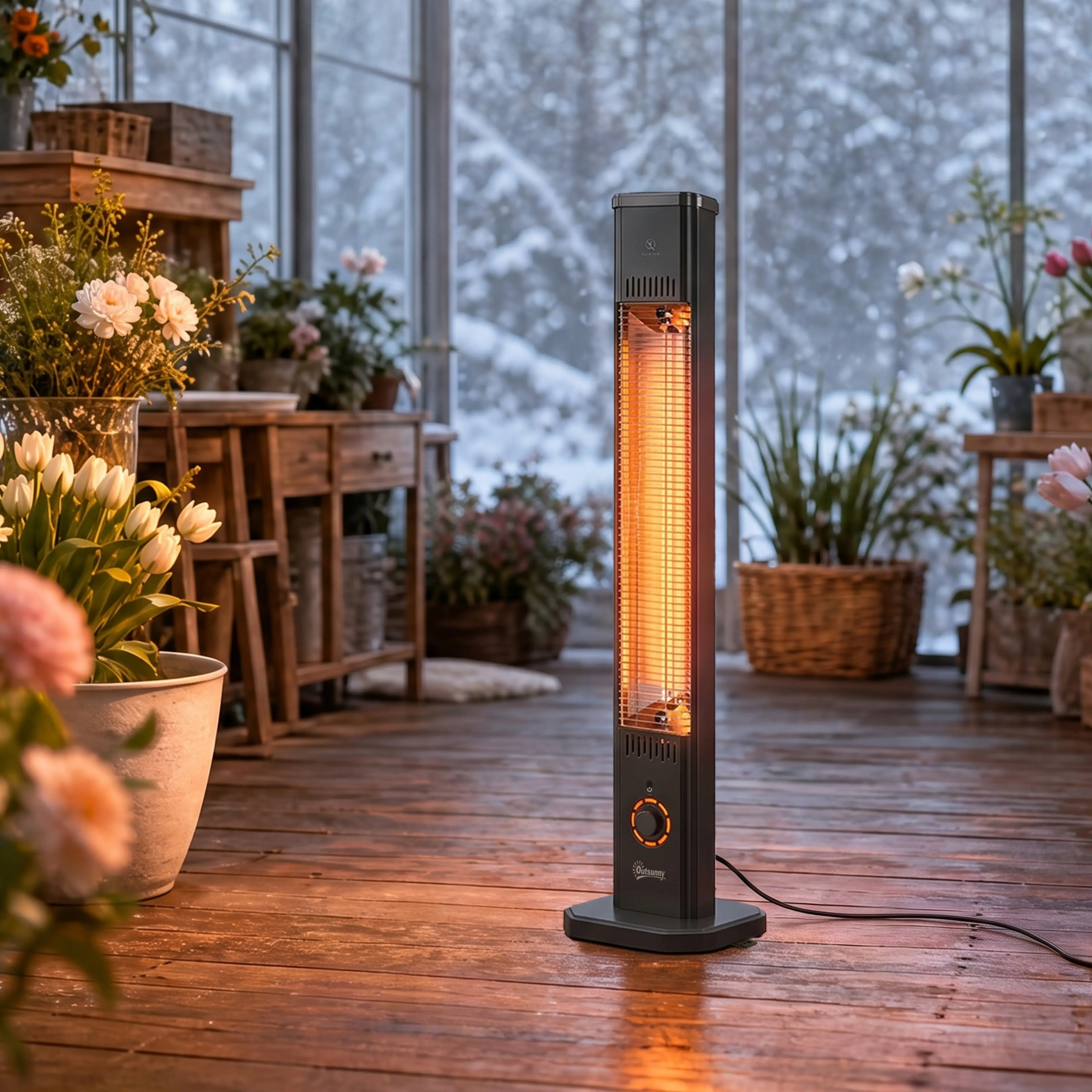 Infravärmaren på stativ i ett uterum med snö utanför fönstren