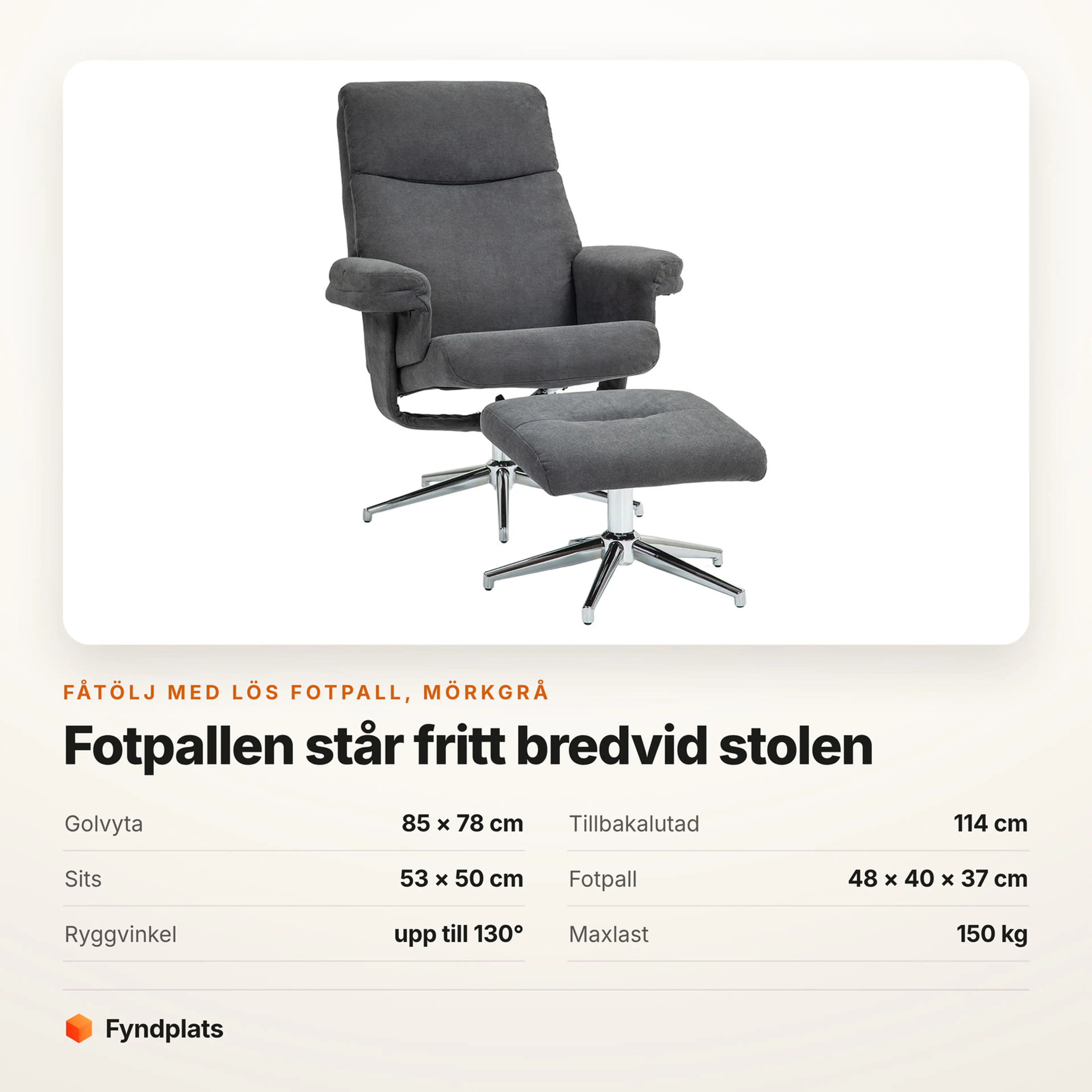 Fåtölj med lös fotpall i sammetslook, rygg till 130° – Faktakort med mått, fotpallens mått, ryggvinkel och maxlast