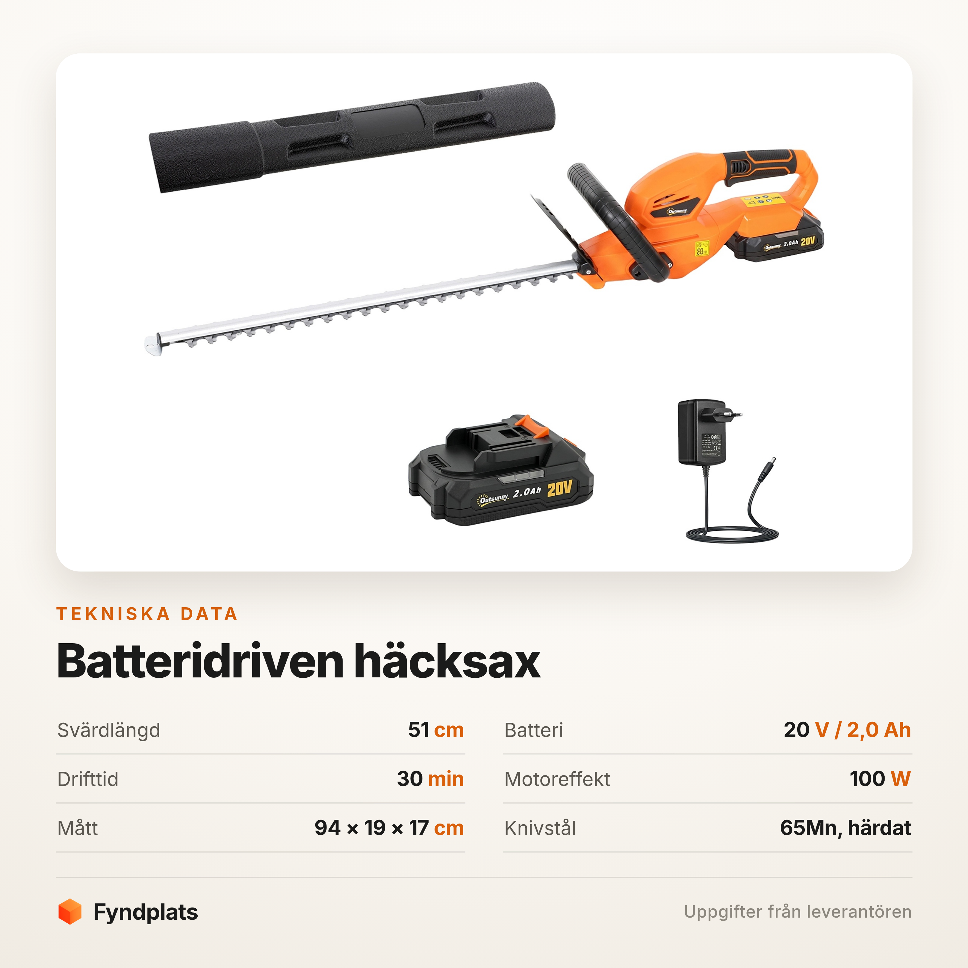 Fyndplats-kort med tekniska data: 51 cm svärd, 20 V batteri och 100 W motor