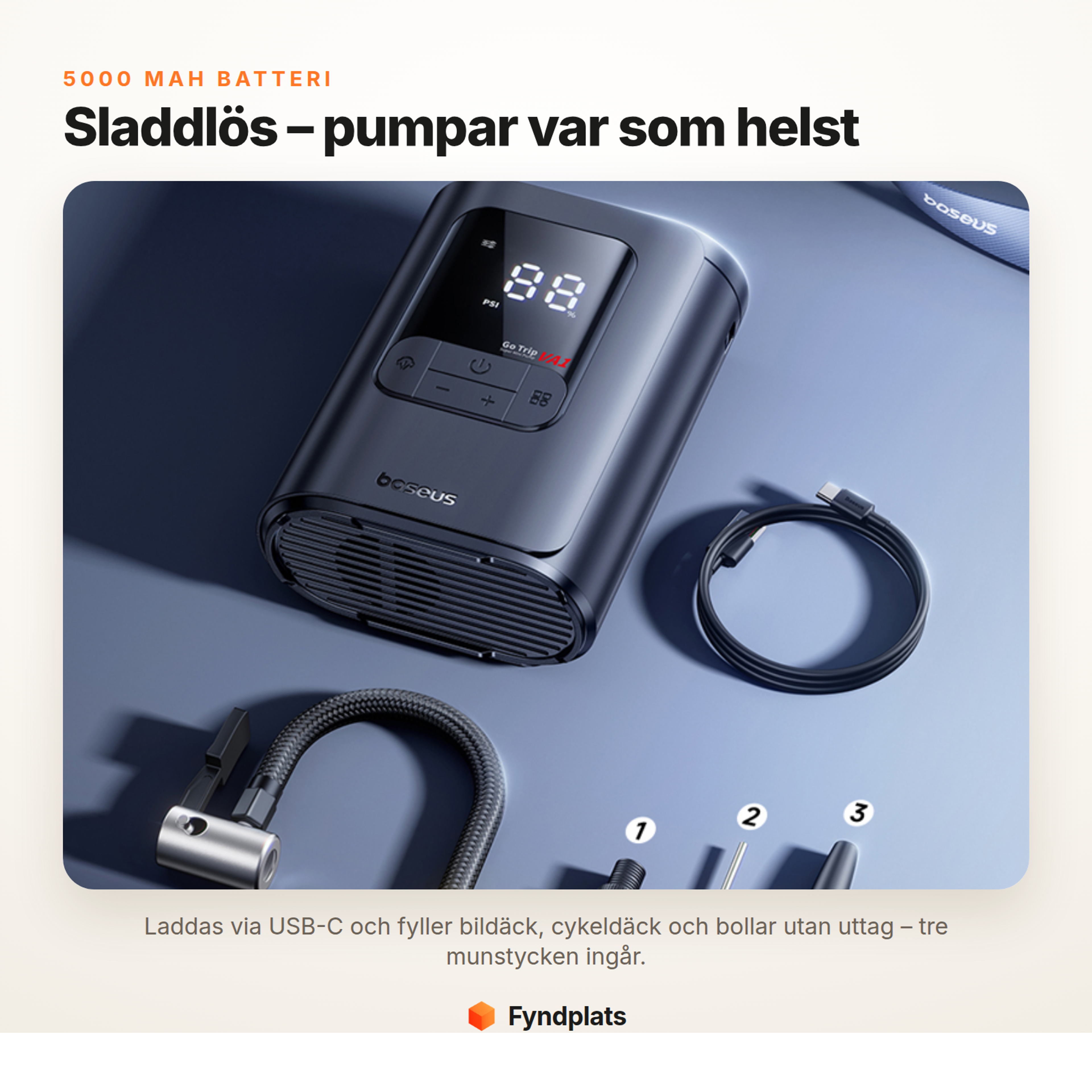 Fyndplats-kort: sladdlös kompressor med 5000 mAh batteri