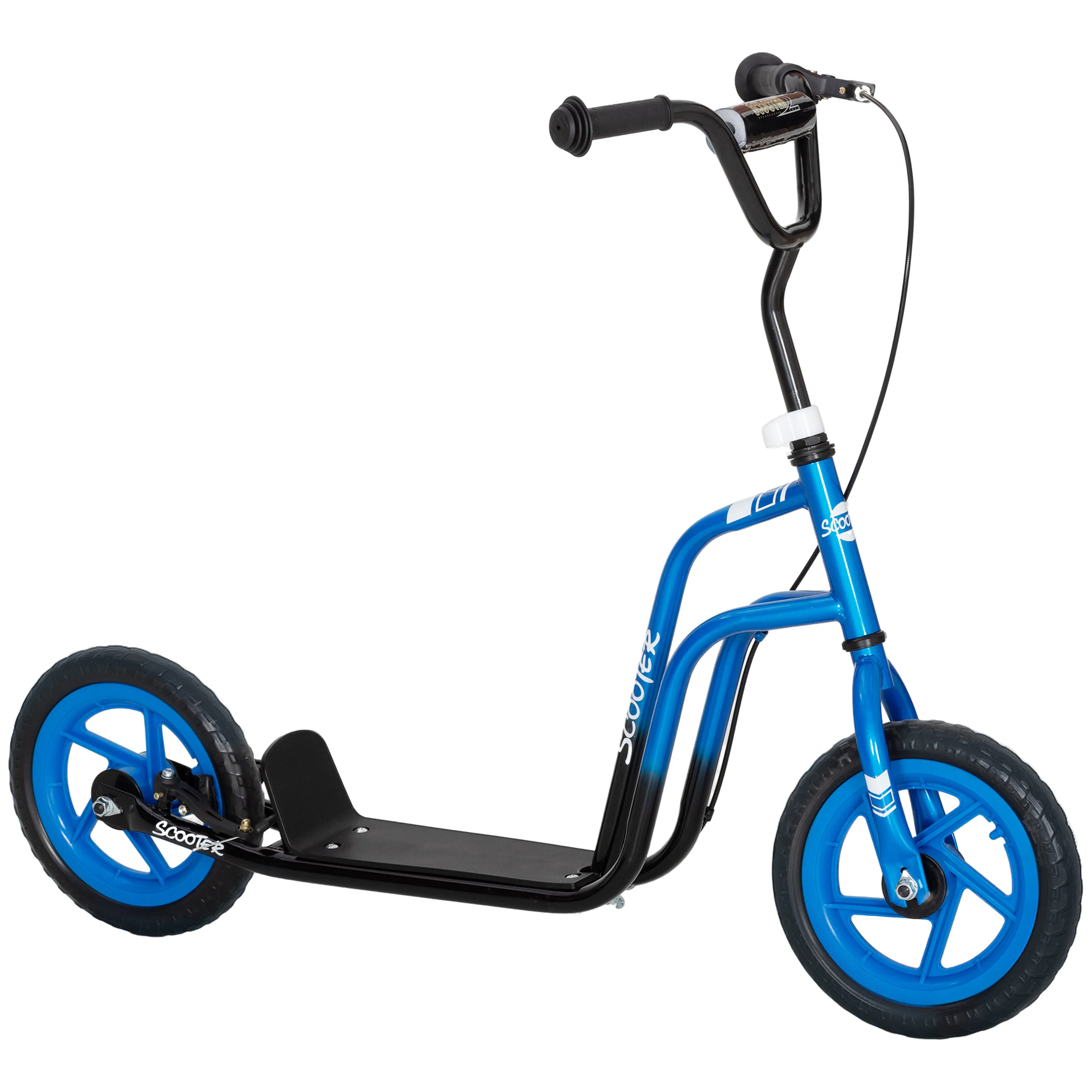 Blå sparkcykel för barn med stödben och svart halkmönstrad fotplatta