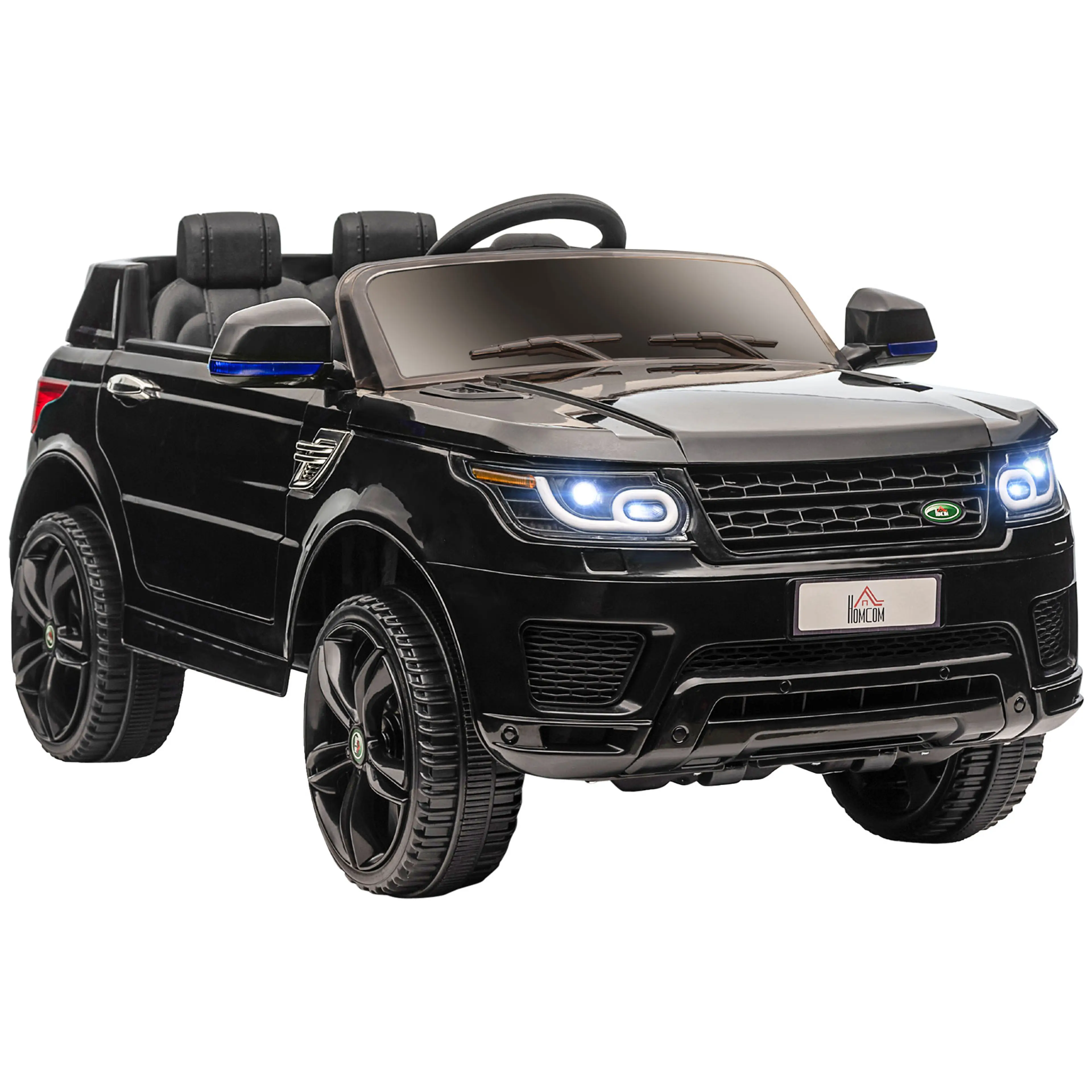 Svart elbil för barn i SUV-modell, 12V, fotograferad snett framifrån på vit bakgrund med tända LED-strålkastare och breda mönstrade hjul.