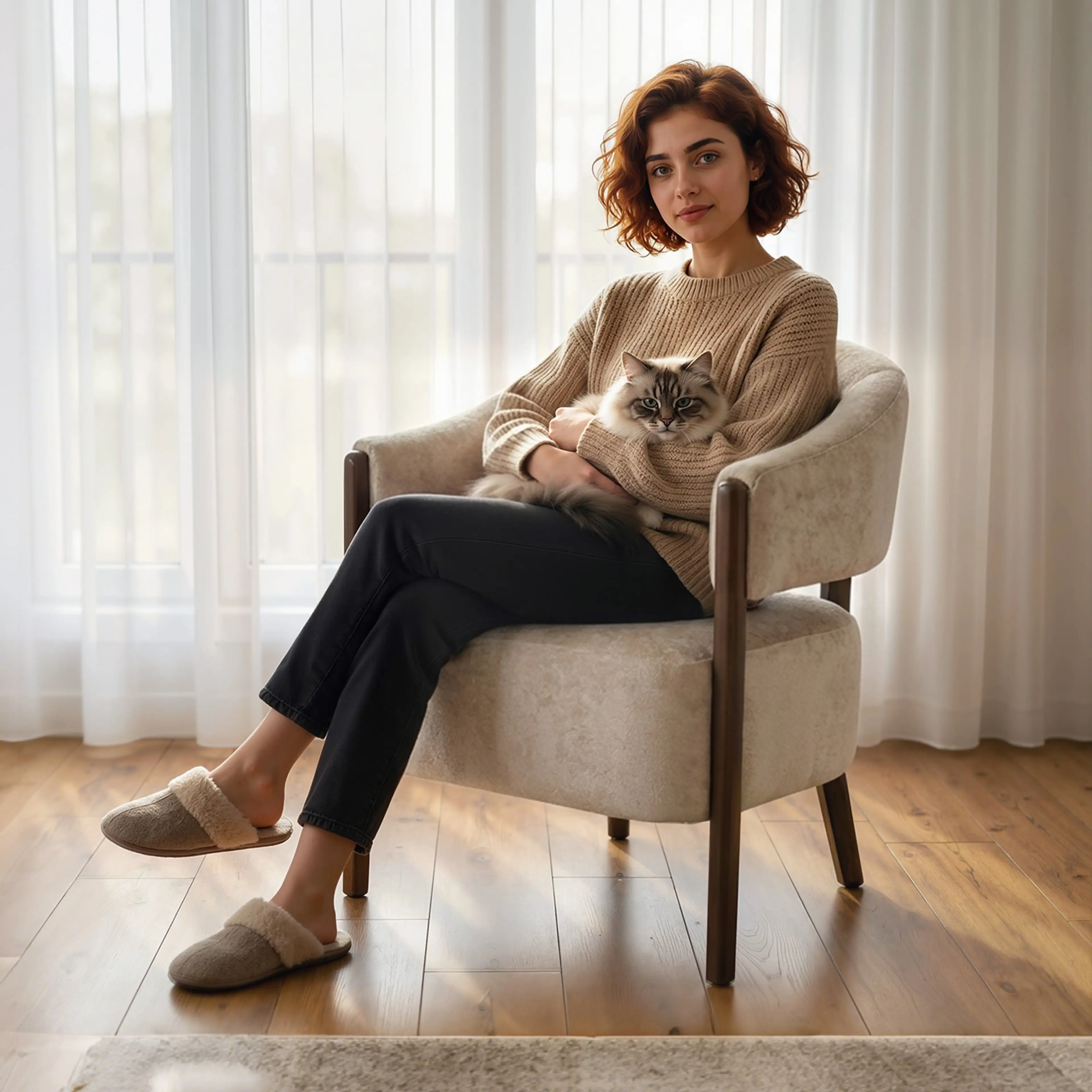 Kvinna med katt i knäet sitter i den beige fåtöljen med träram