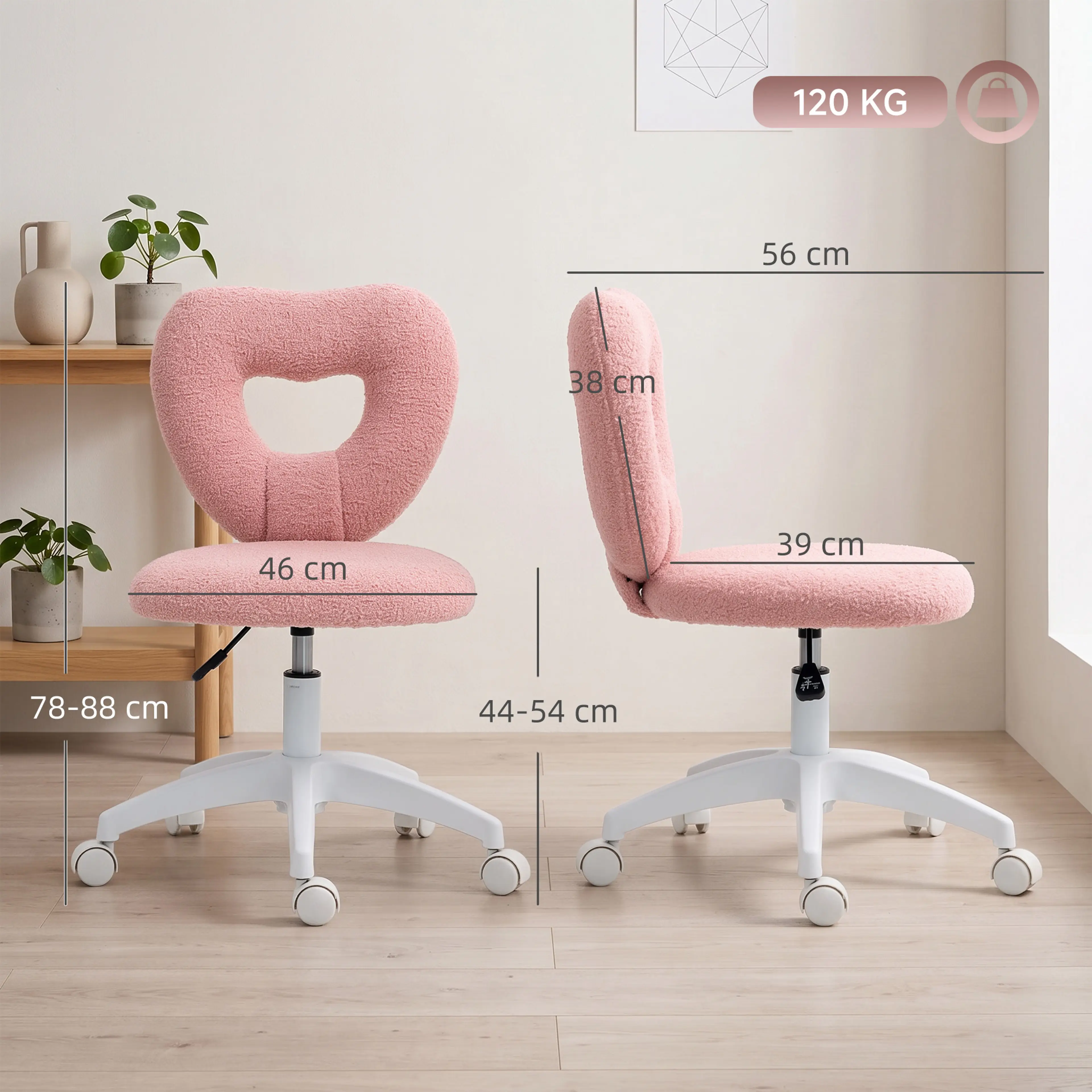 Skrivbordsstol i rosa teddytyg med hjärtformad rygg, måttskiss med mått i centimeter, framifrån och från sidan