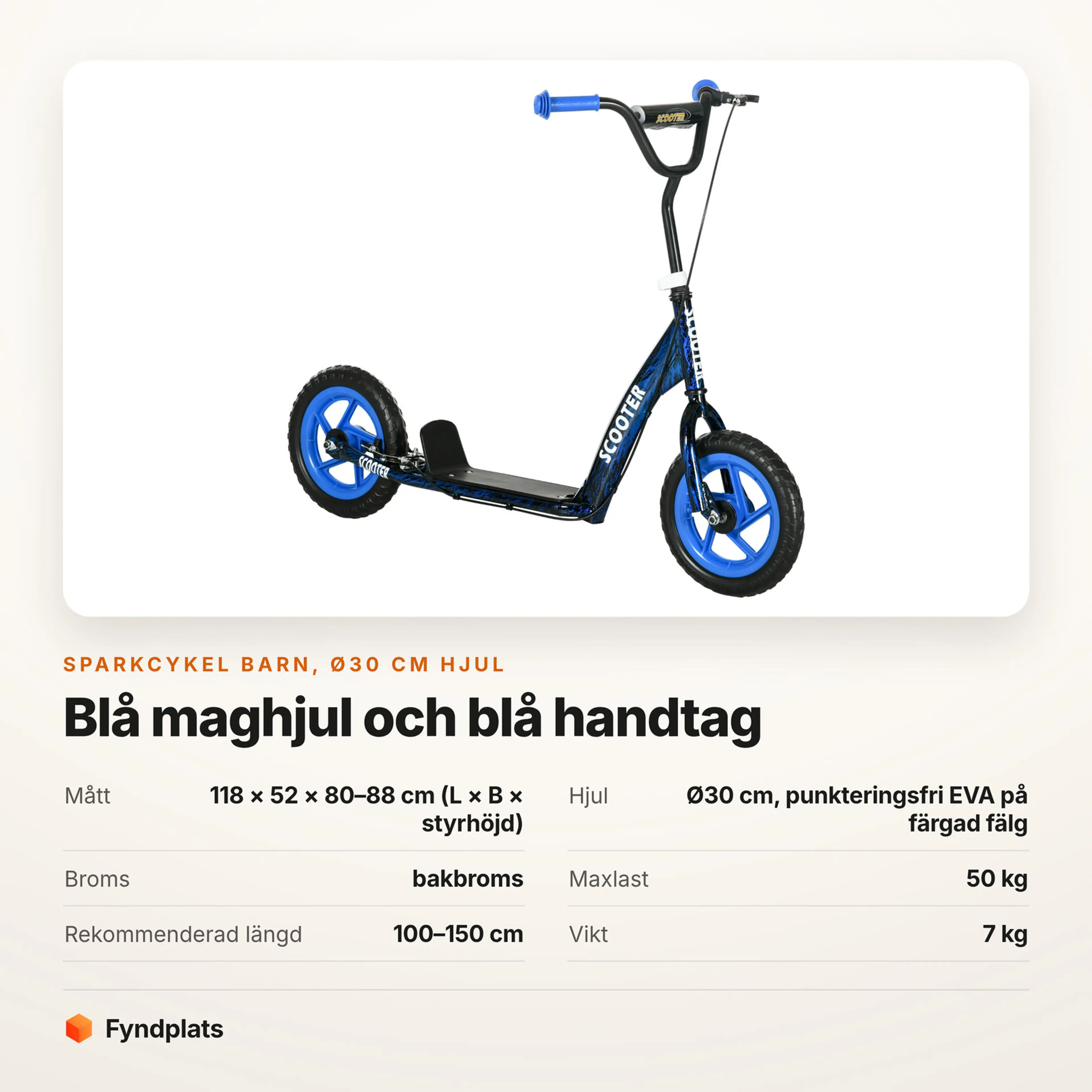 Faktakort för sparkcykel barn med blå hjul: Ø30 cm och maxlast 50 kg