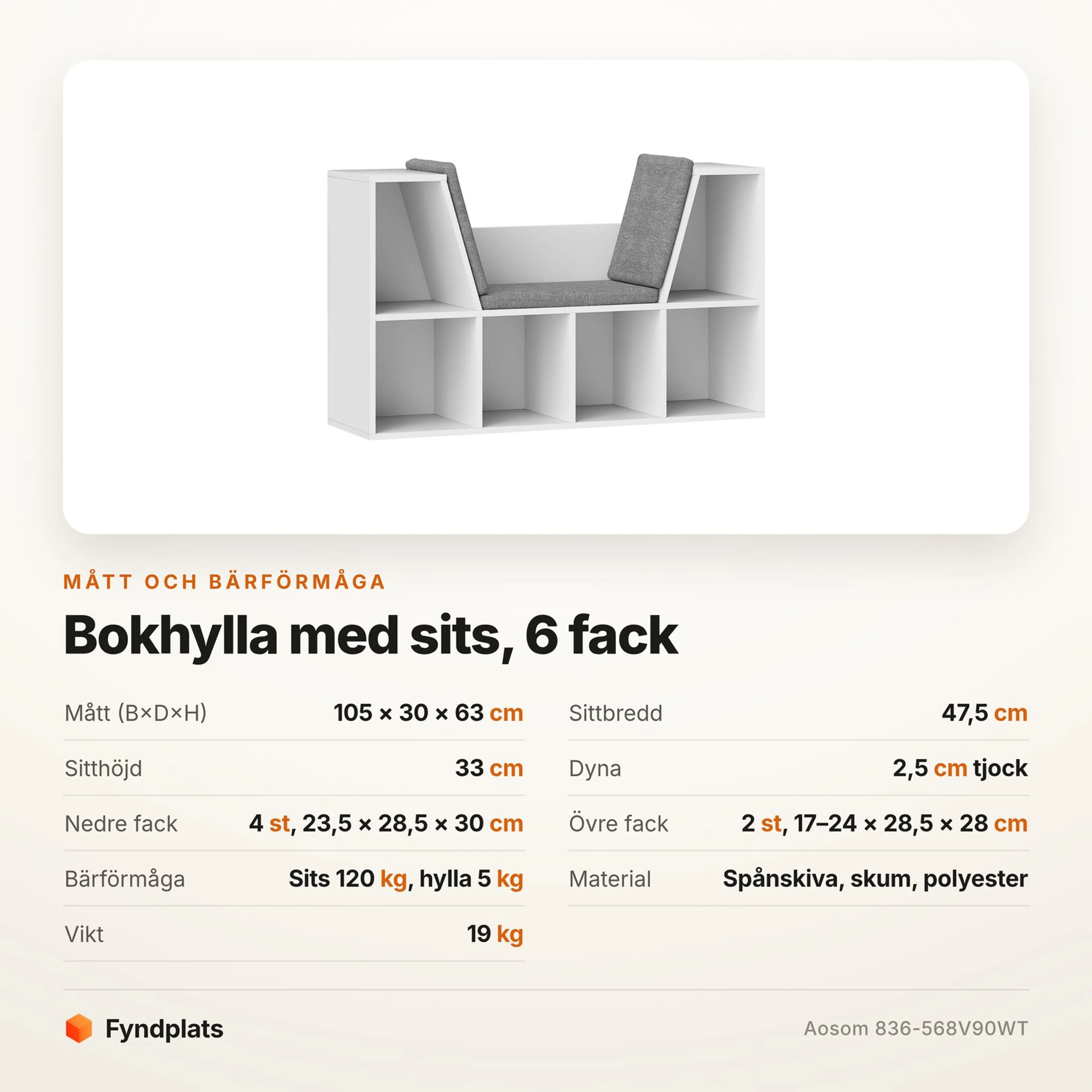 Fyndplats specifikationskort för bokhylla med sits med mått och bärförmåga