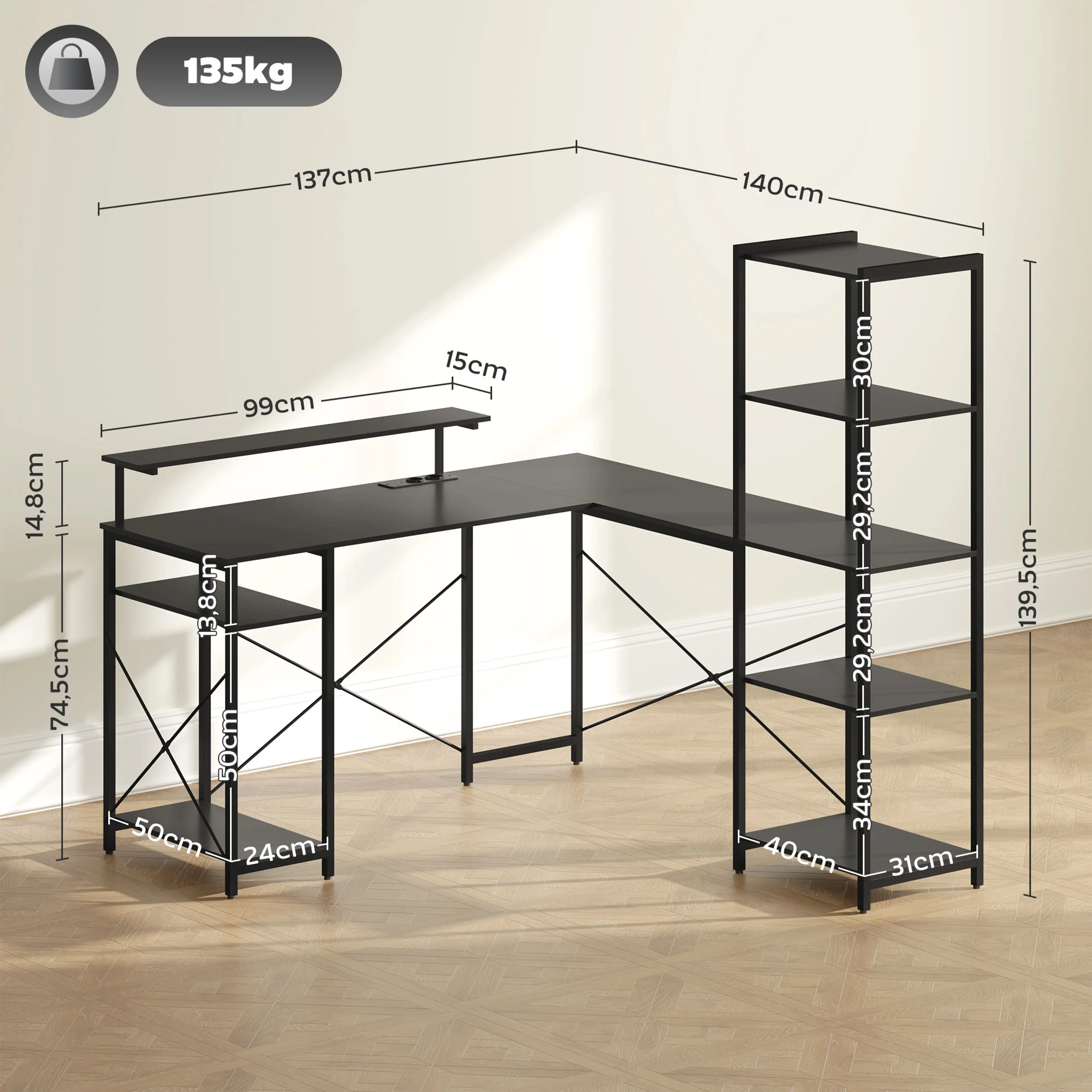 Hörnskrivbord med laddstation och hylltorn – svart – bild 7