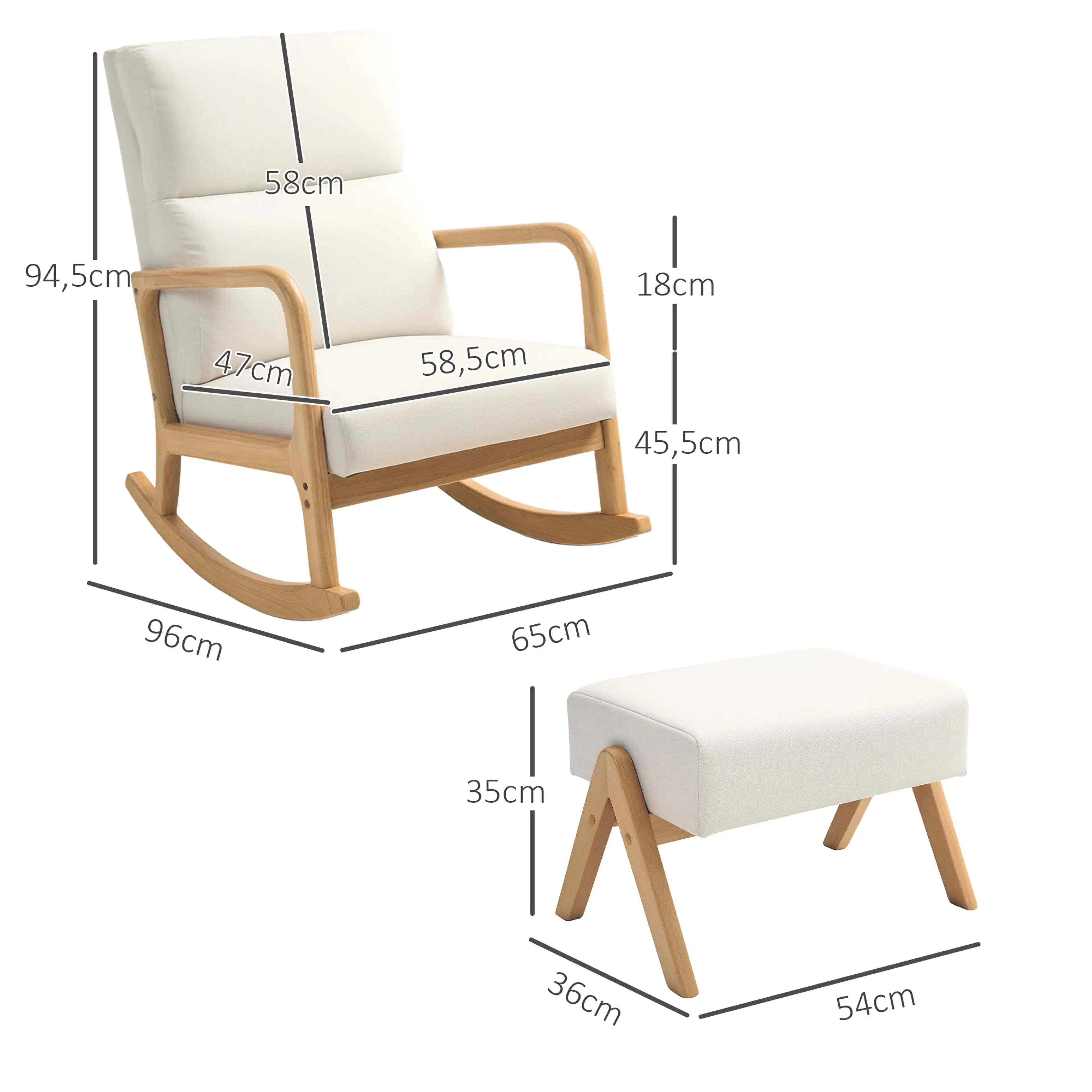 Måttskiss: 96 × 65 cm golvyta, 94,5 cm höjd, 58,5 cm sits och pall 54 × 36 cm