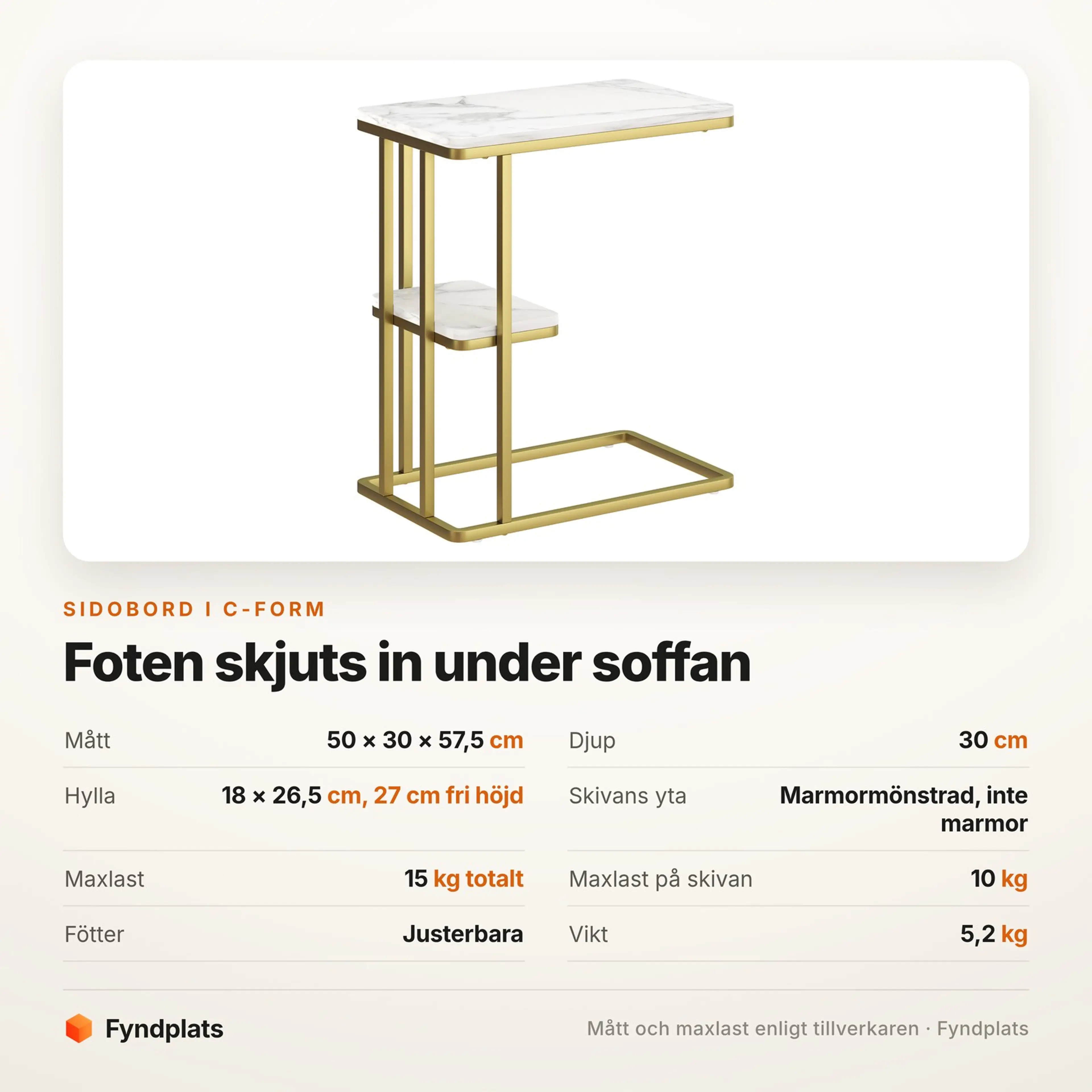 Spec-kort för sidobordet: 50 × 30 × 57,5 cm, hylla 18 × 26,5 cm och 15 kg maxlast