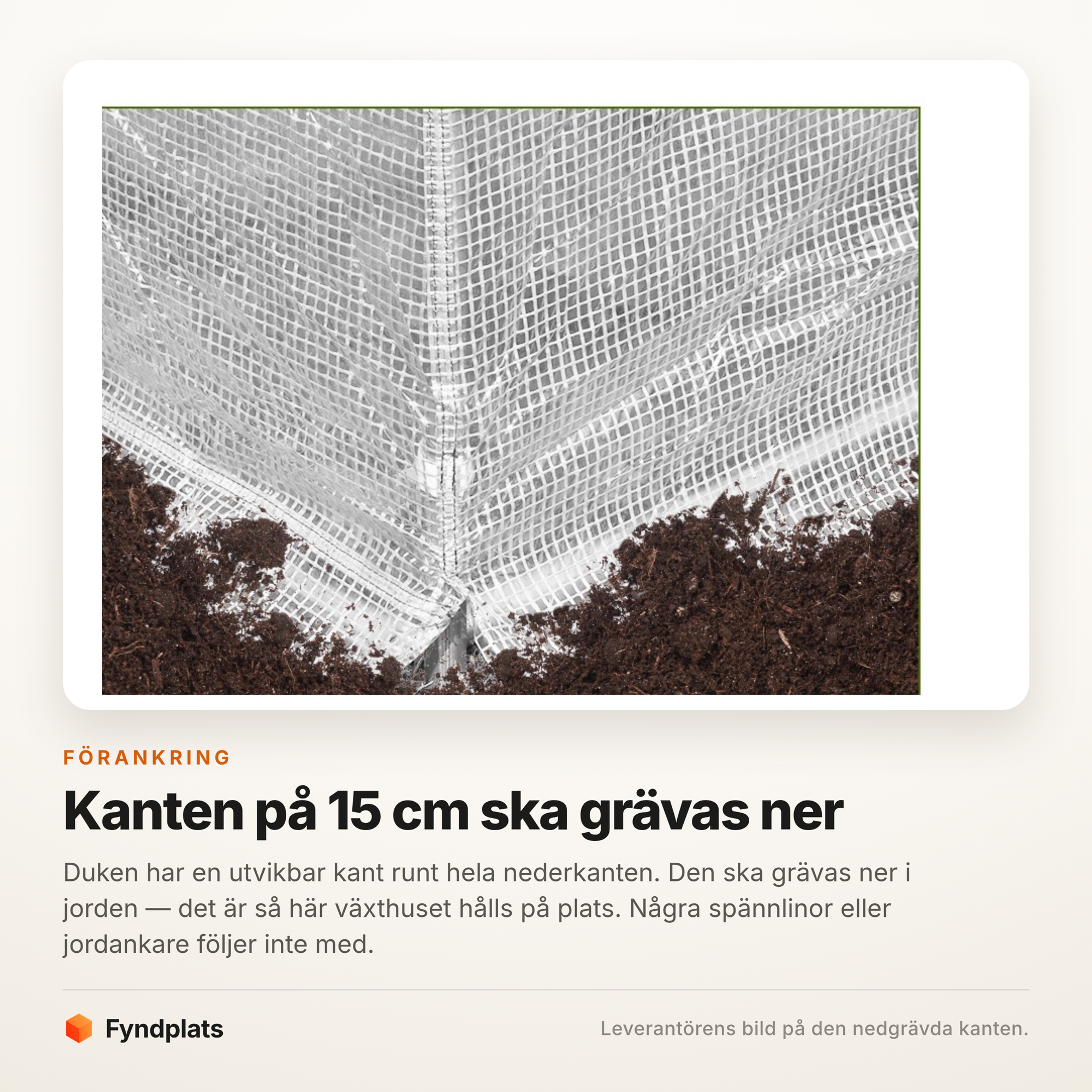 Närbild på dukens 15 cm breda kant nedgrävd i jorden