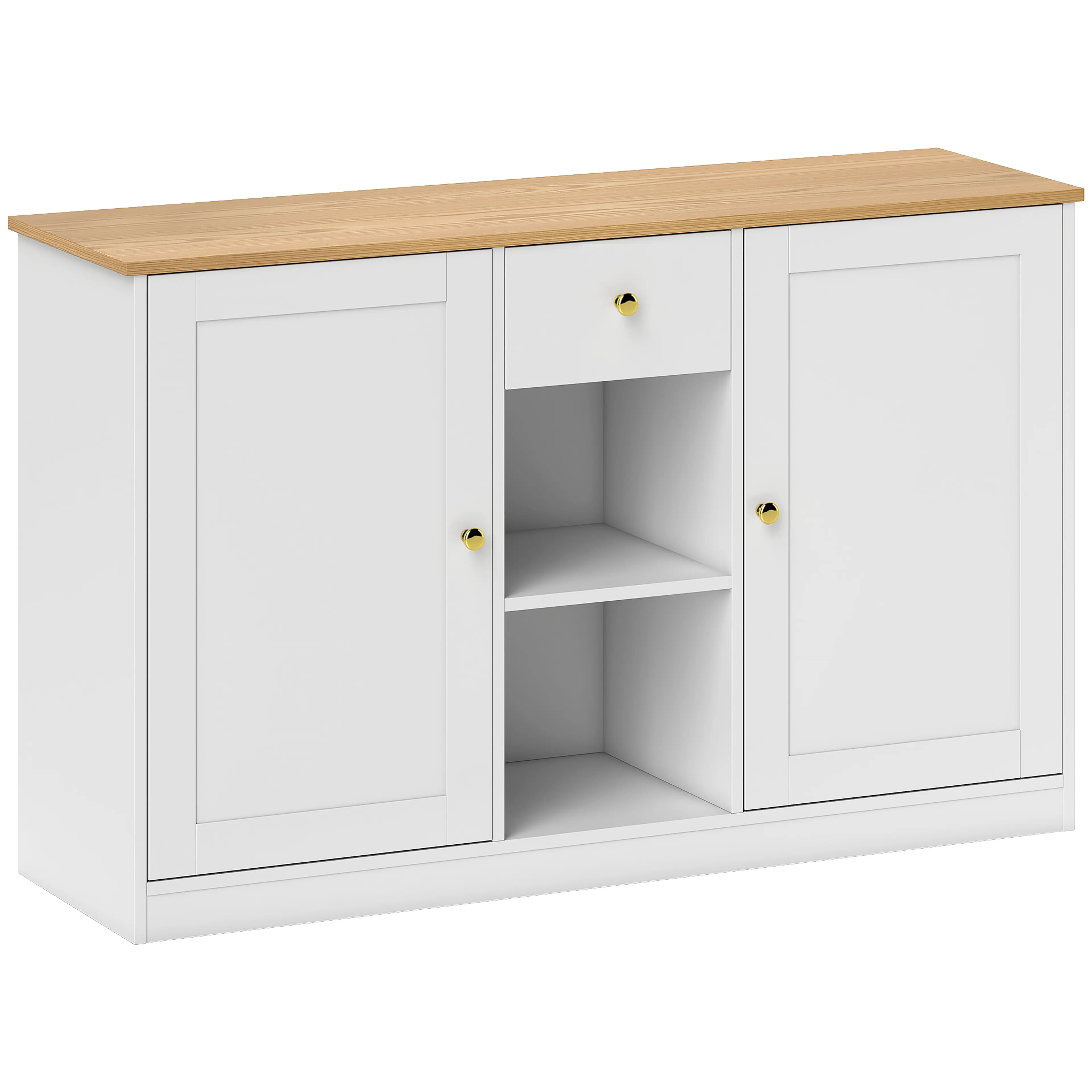 Sideboard 120 cm i vitt med träskiva – låda, skåp och öppna fack
