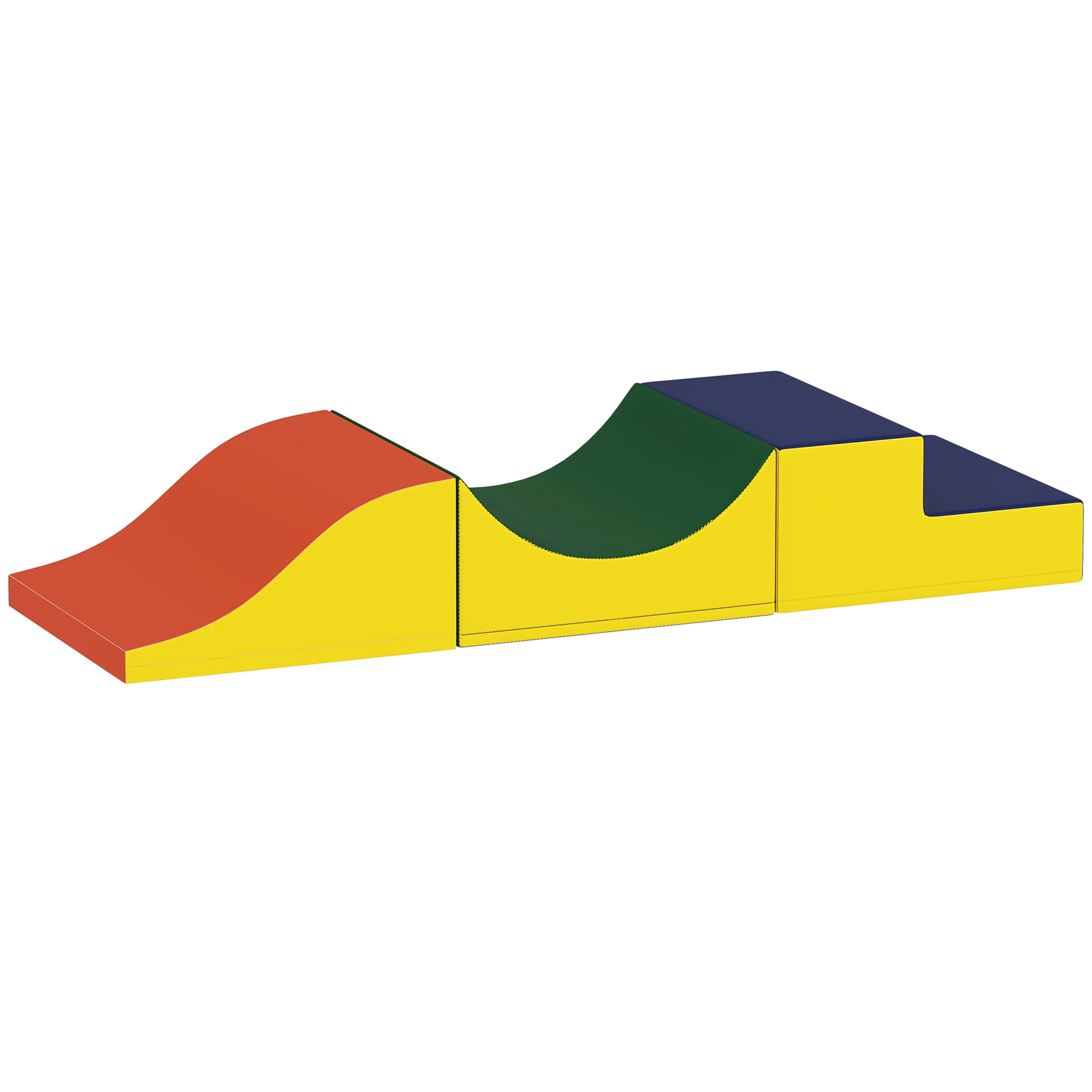 Tre skumklossar i rad: en ramp, en svacka och en trappa i gult, orange, grönt och blått