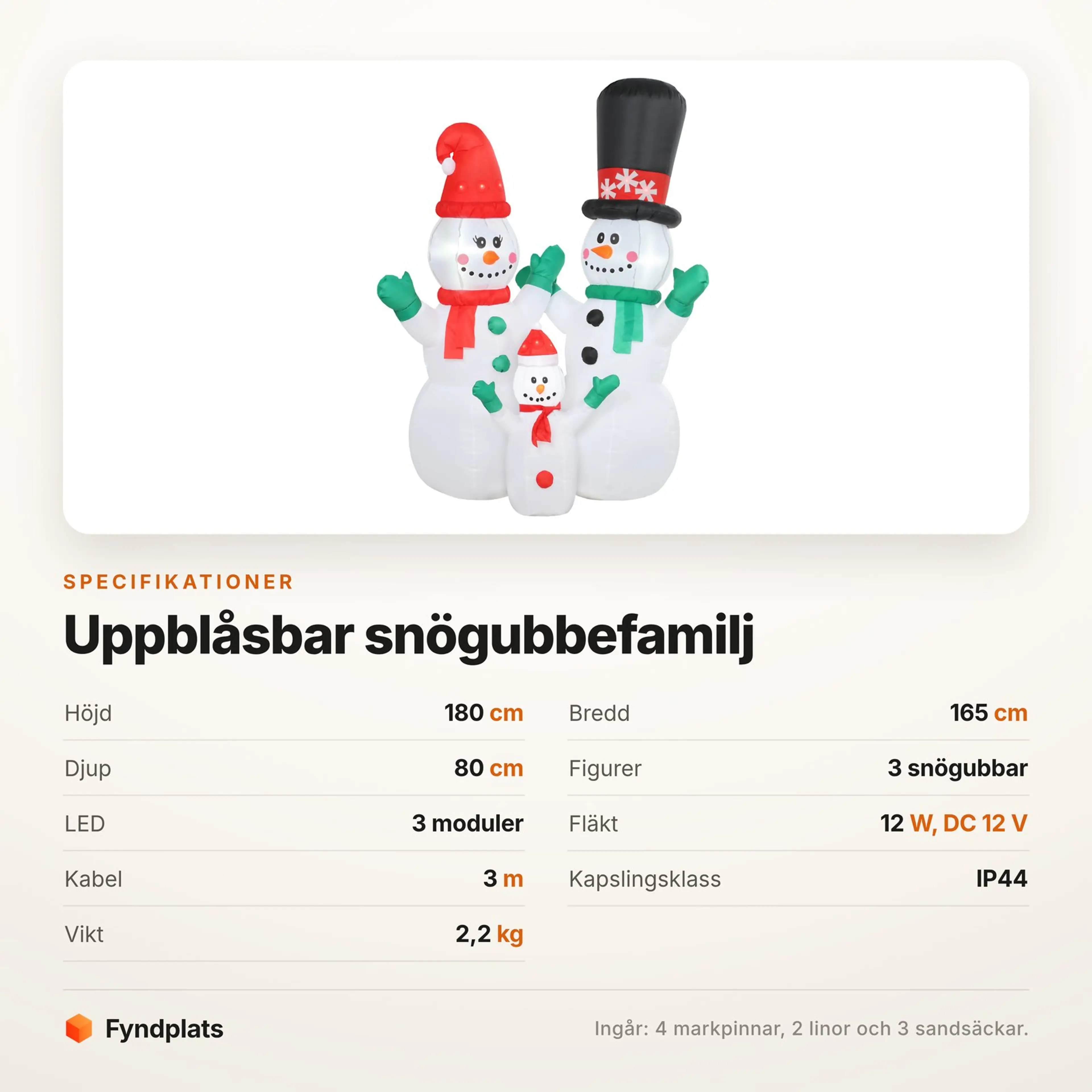 Specifikationskort för uppblåsbar snögubbefamilj: 180 cm hög, 165 cm bred, 3 LED och IP44