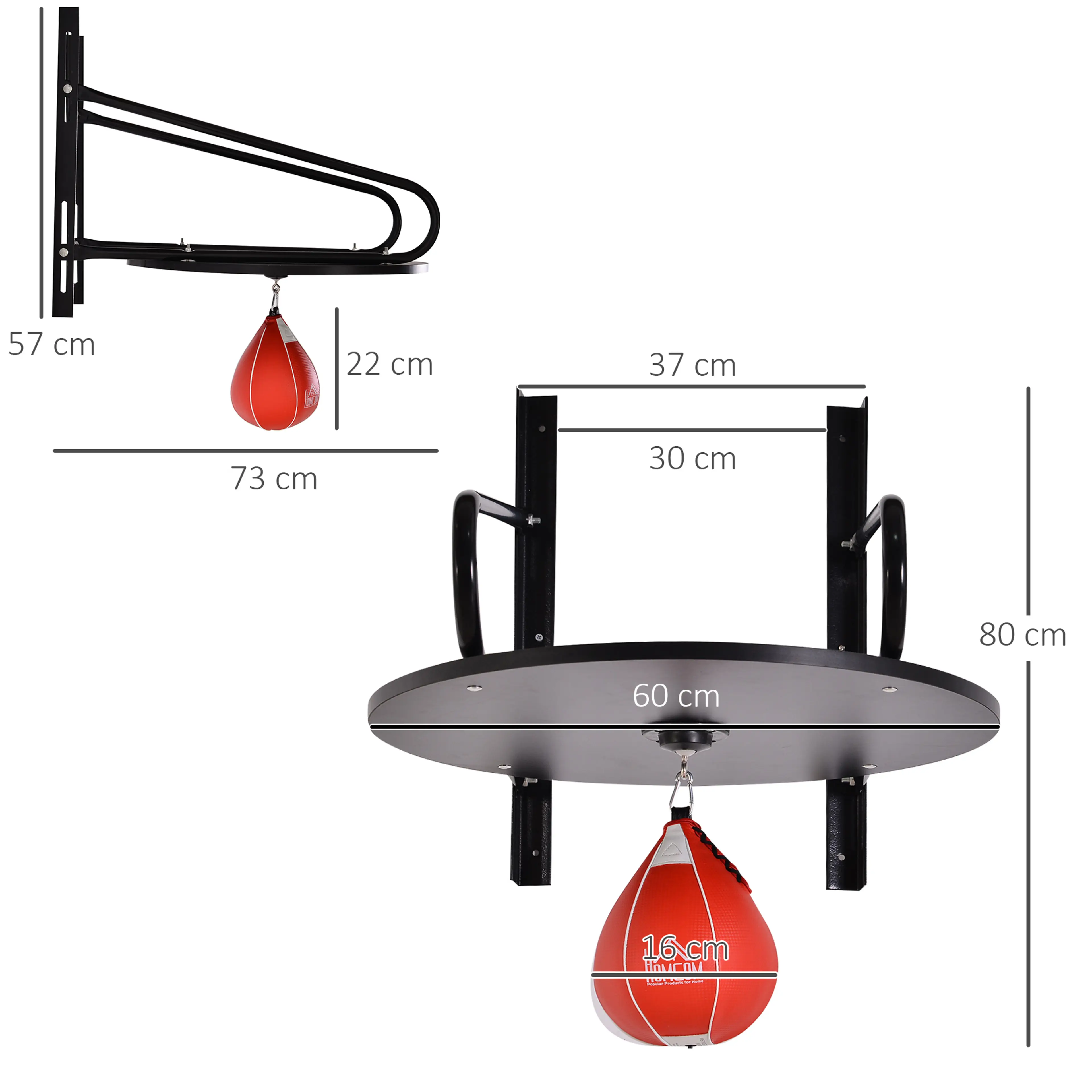 Boxbollens mått: 73 cm ut från väggen och 80 cm totalhöjd