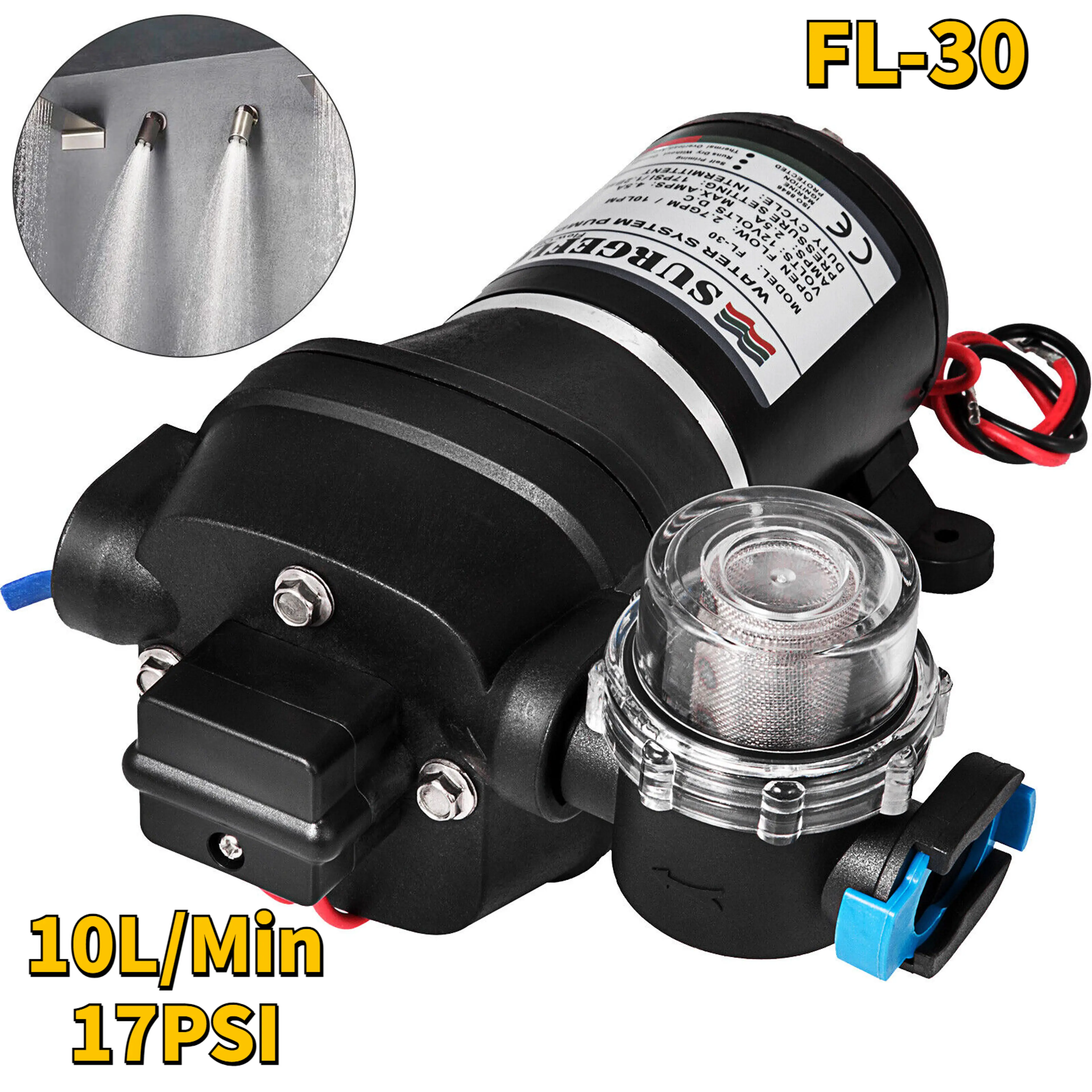 Membranpump 12V – självsugande tryckvattenpump för husbil och båt, 17 L/min