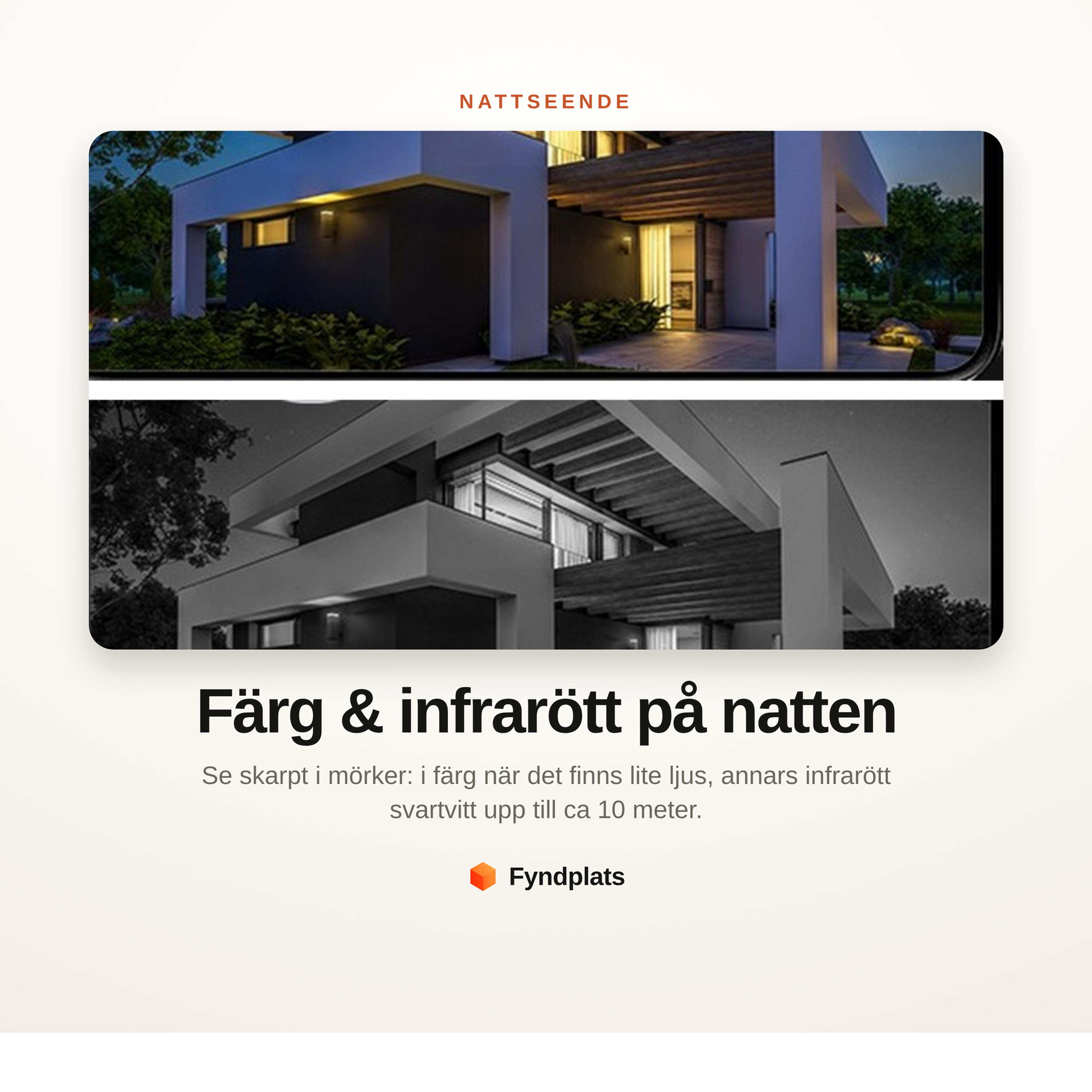 Nattseende i färg och infrarött – samma villa i färg och svartvitt från övervakningskameran