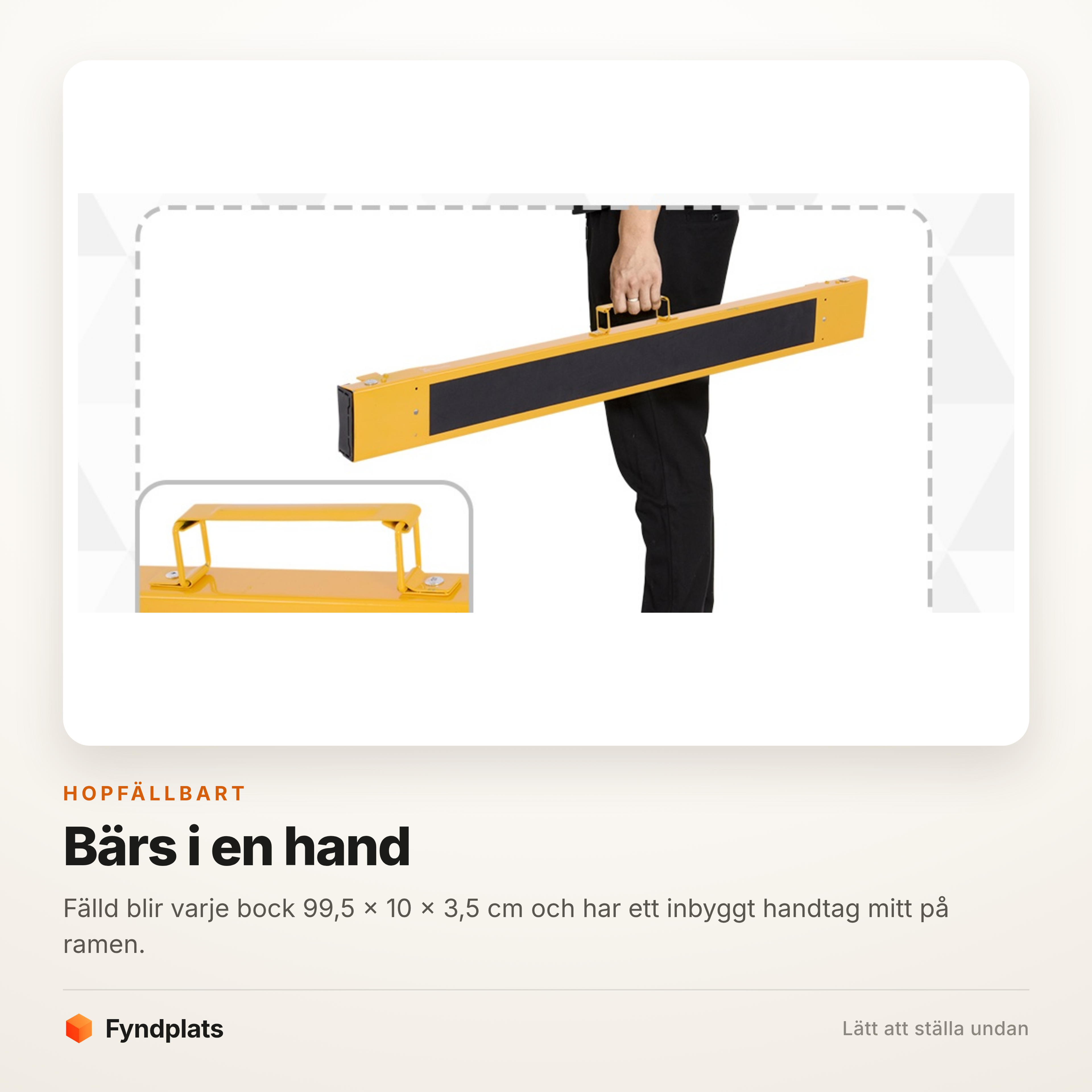 Fyndplats-kort som visar en hopfälld sågbock buren i handtaget