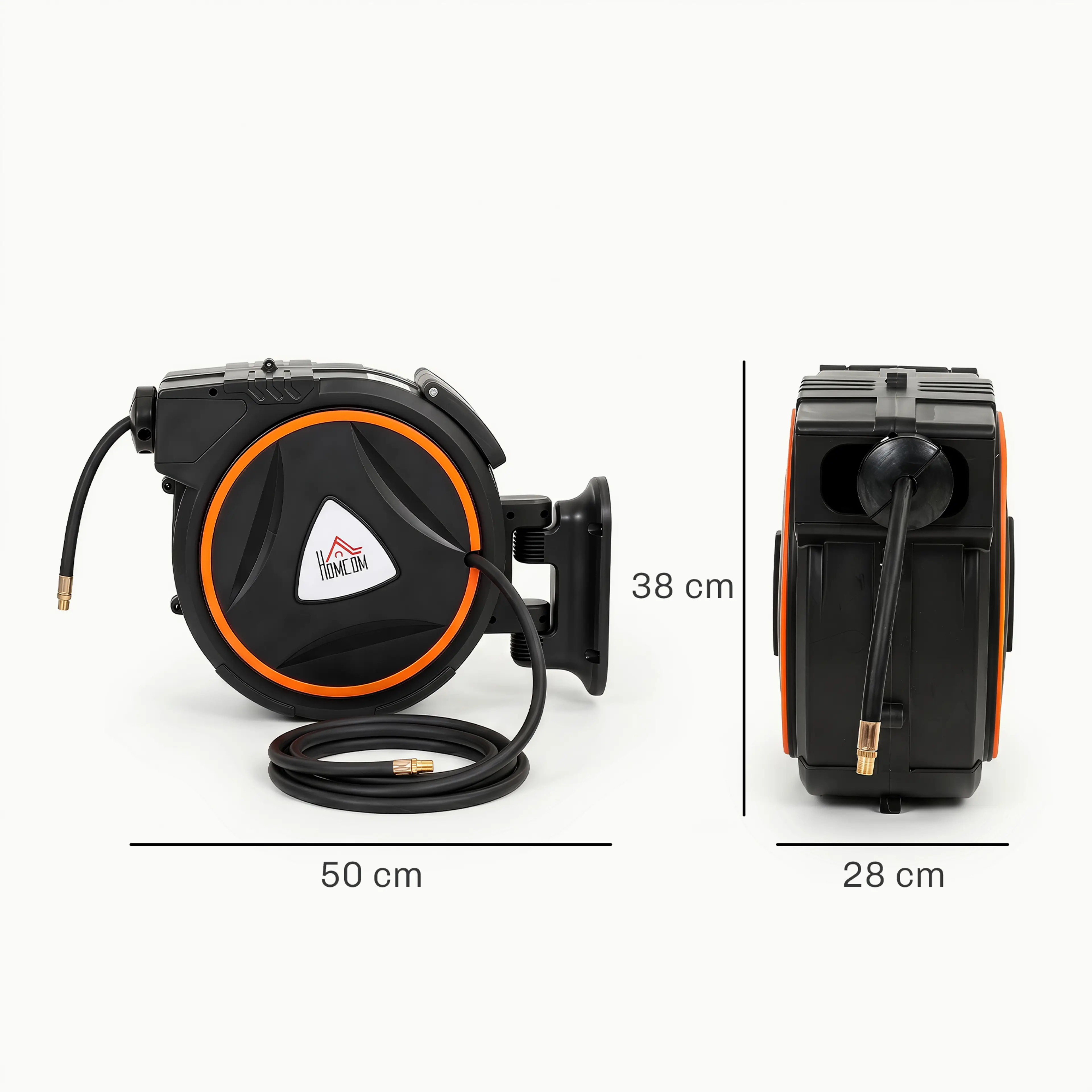 Måttskiss över slangvindan för tryckluft: 50 cm bred, 28 cm djup och 38 cm hög