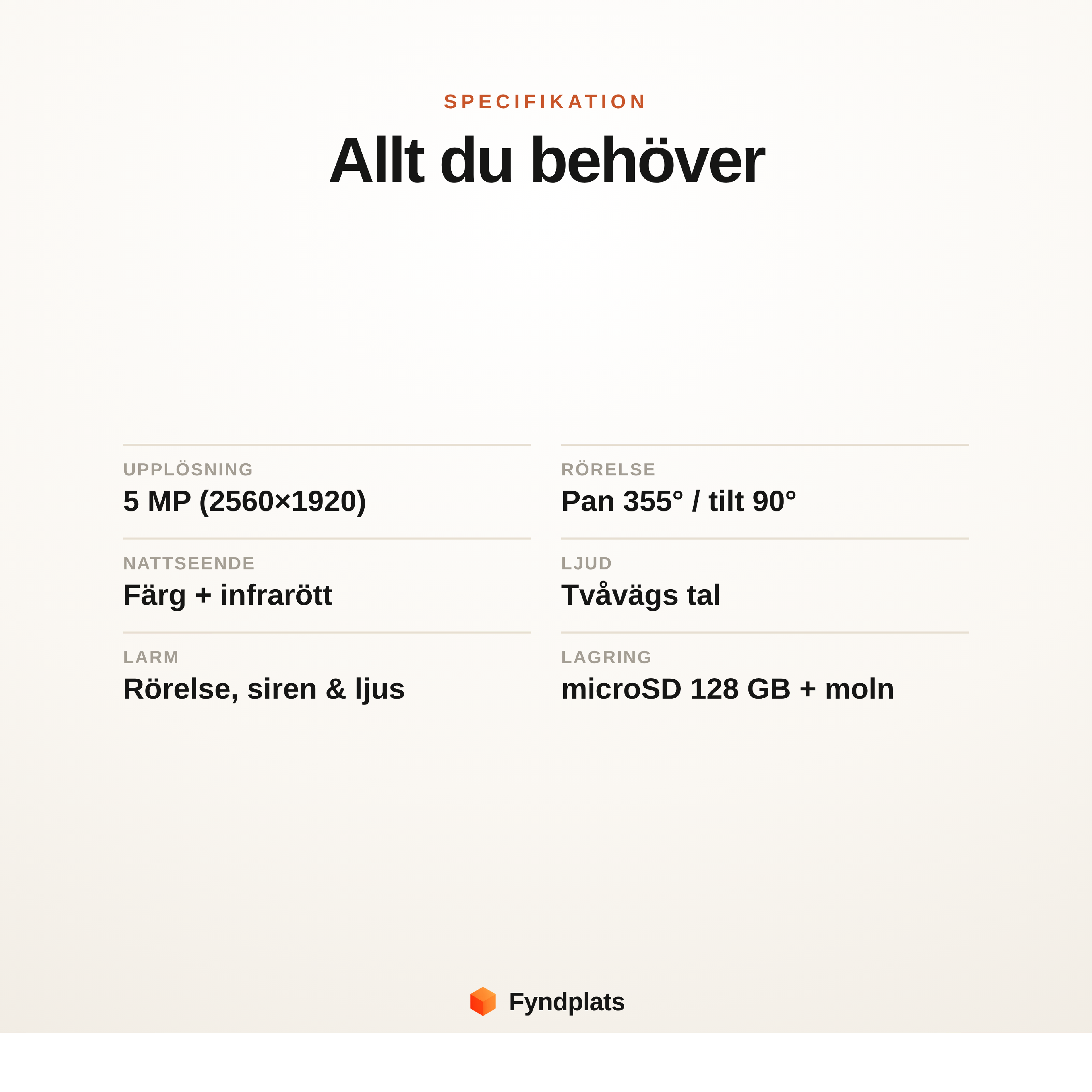 Specifikation: 5MP, pan 355° tilt 90°, nattseende, tvåvägsljud och microSD-lagring