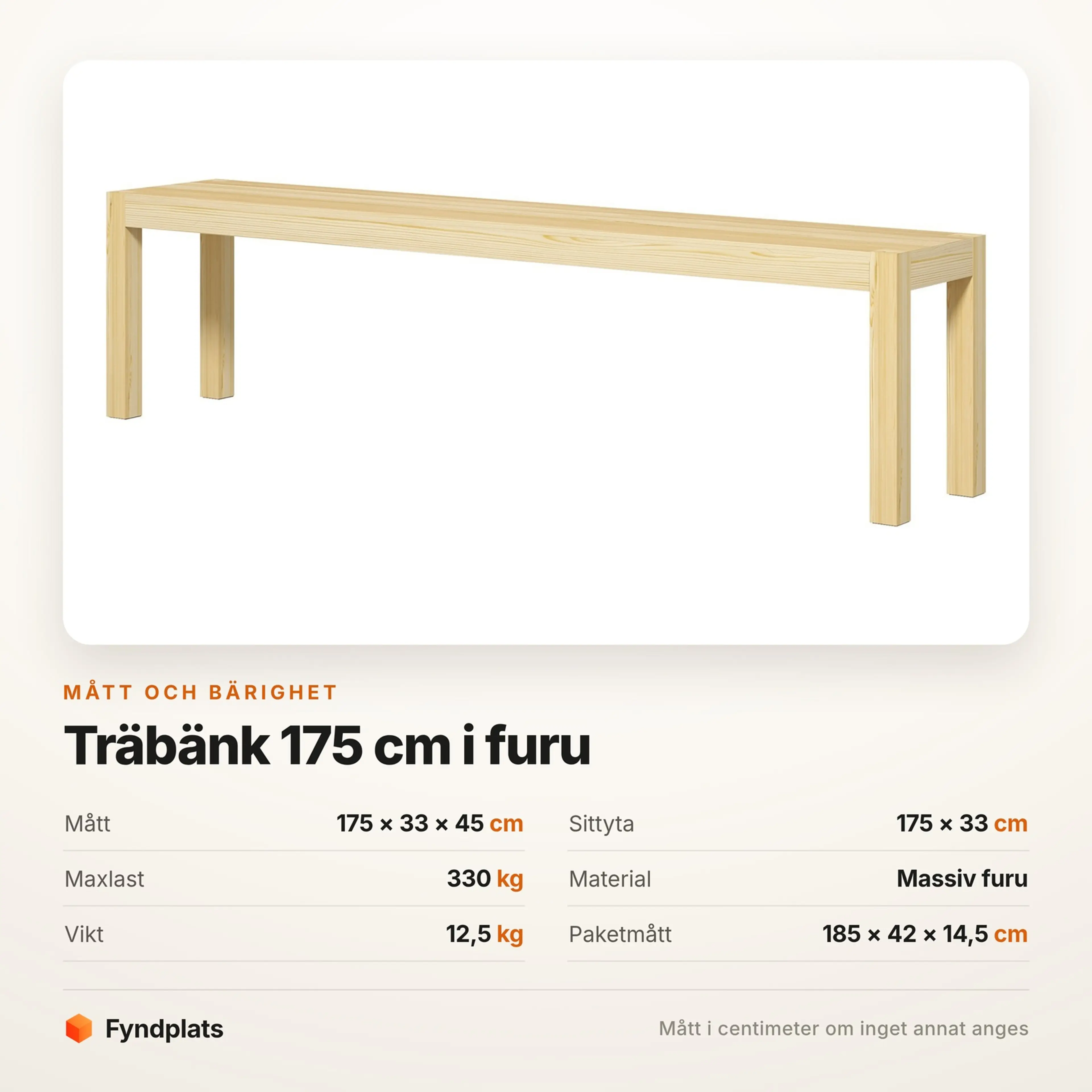 Faktakort: bänken 175 × 33 × 45 cm, 330 kg maxlast och 12,5 kg egenvikt