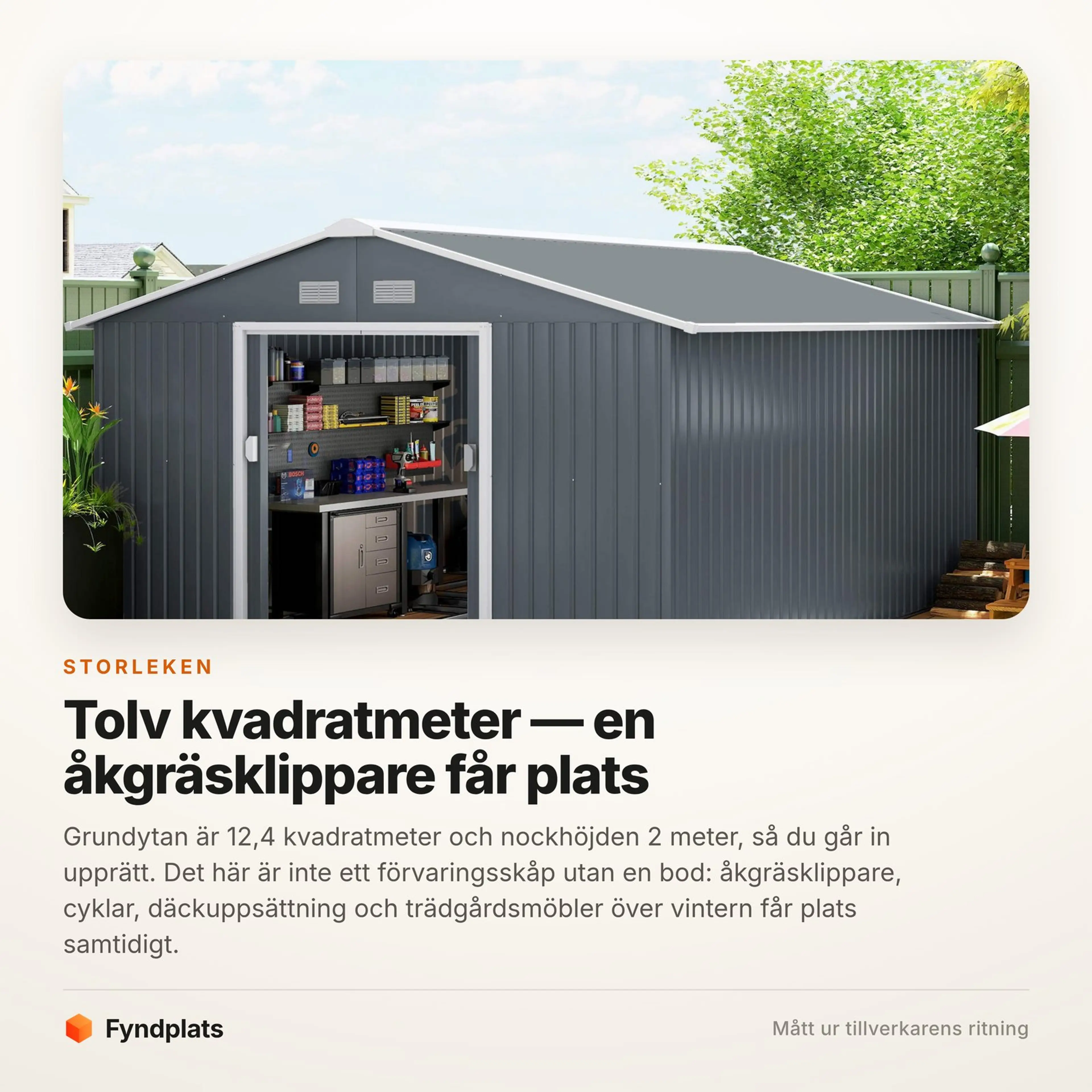 Fyndplats faktakort: 12,4 kvadratmeter rymmer en åkgräsklippare