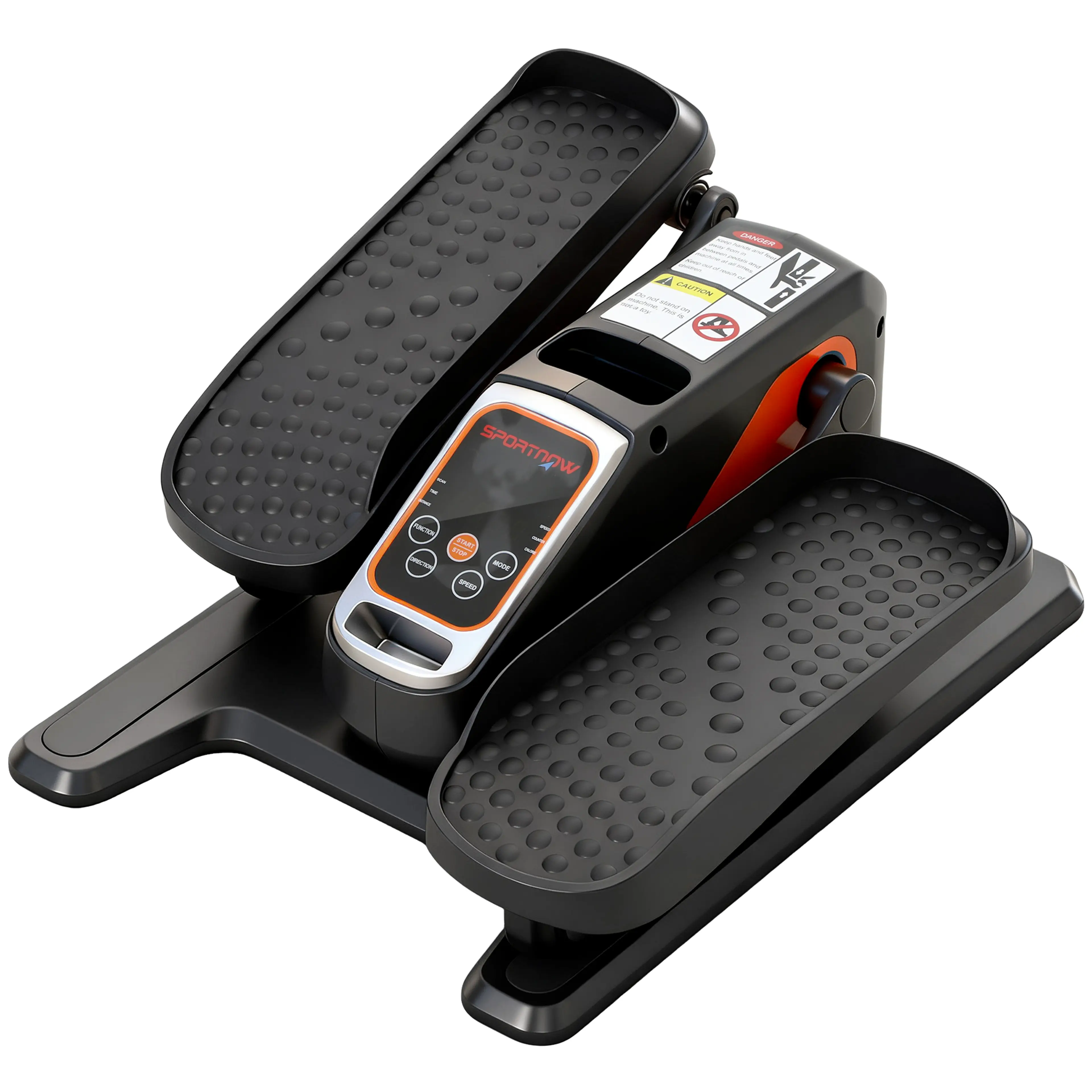 Elektrisk pedalmaskin i svart och orange med display och fjärrkontroll