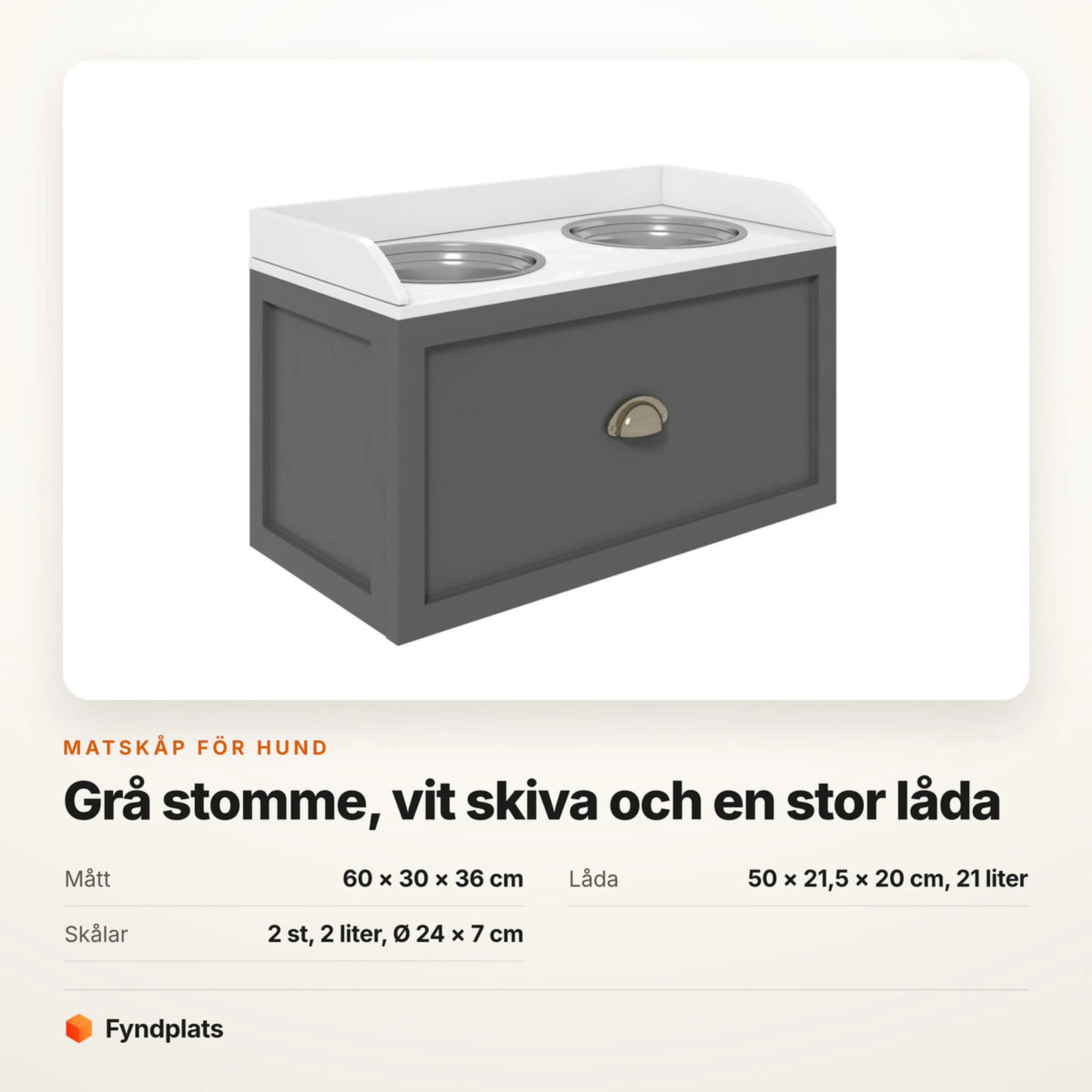 Faktakort: mått 60 × 30 × 36 cm, låda 21 liter och skålar 2 liter